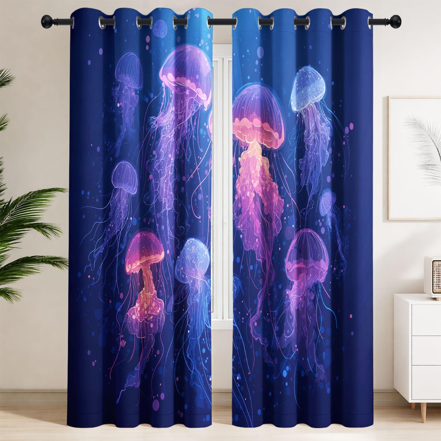 Générique Rideaux Occultants Isolants 117L X 137H cm, Méduse bioluminescente, poussière étoile Bleue Rideaux Thermiques pour Chambre et Salon, Nautique Mystique Phoniques, Rideaux à Œillets