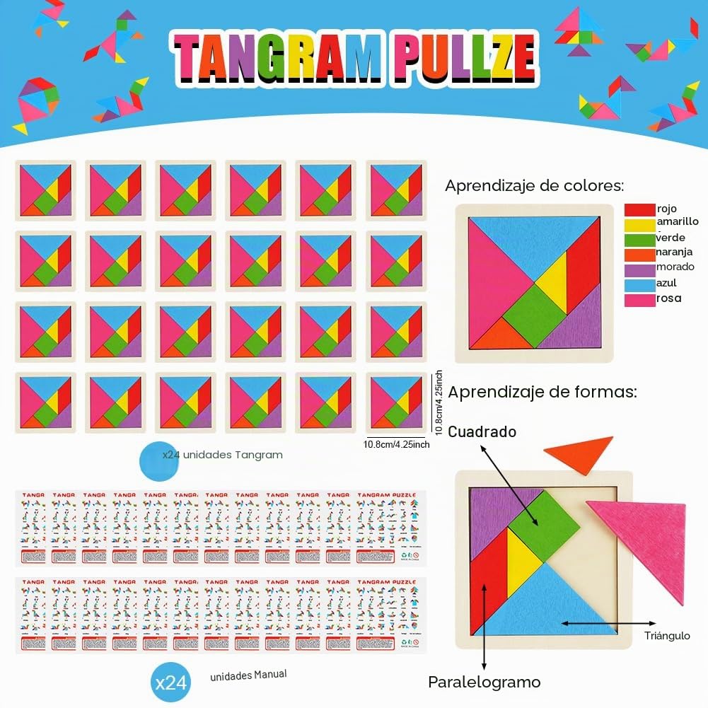Ainiv 24PCS Tangram Infantil, Tangram Puzzle Madera Regalitos Cumpleaños Invitados Niños, Colegio, Detalles Cumpleaños, Rompecabezas Educativos Montessori para Niñas y Niños