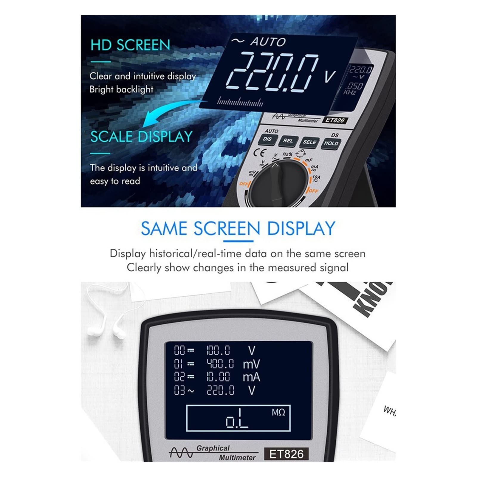 herramientas portátiles de prueba funcional para e Multímetro Digital LCD 2 en 1, retroiluminación de rango automático, medidor de corriente de voltaje directo, probador de resistencia de capacitancia