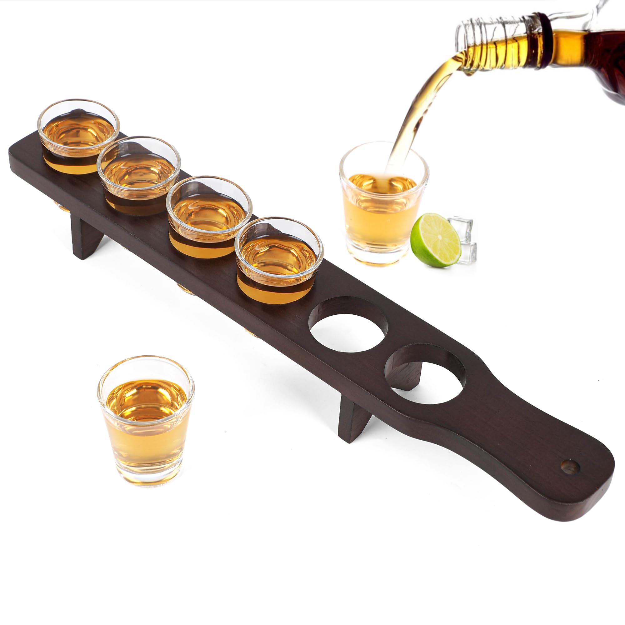 Juego de vasos de chupito que contiene 6 vasos de tequila y una bandeja para servir vasos de chupito a granel, juego de soporte para fiestas, bares, clubes, cócteles (nogal oscuro)