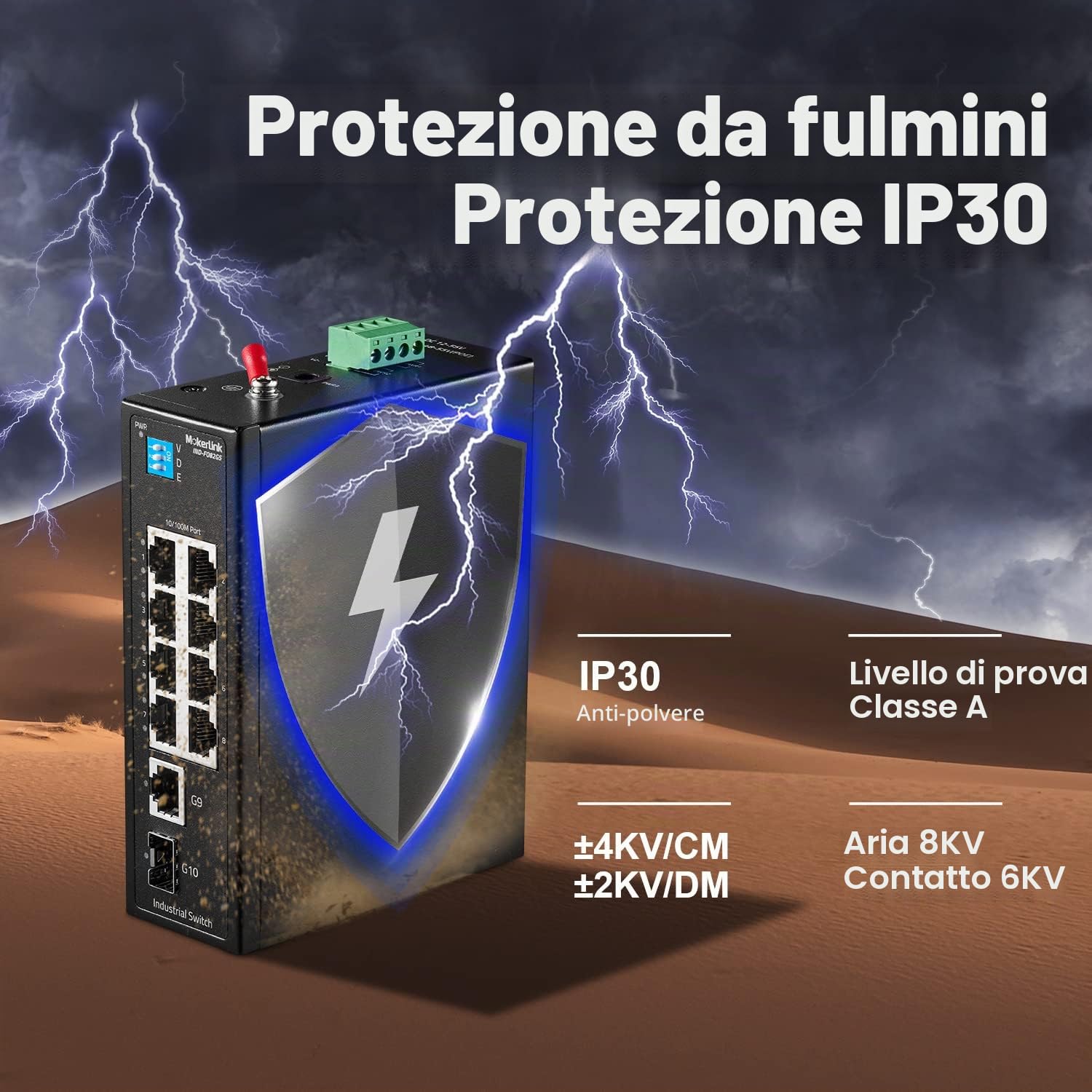 MokerLink Switch industriale DIN Rail a 10 porte, 8 porte 100 Mbps, 1 Gigabit Ethernet e 1 SFP uplink, DIN Rail & Wall Mount
