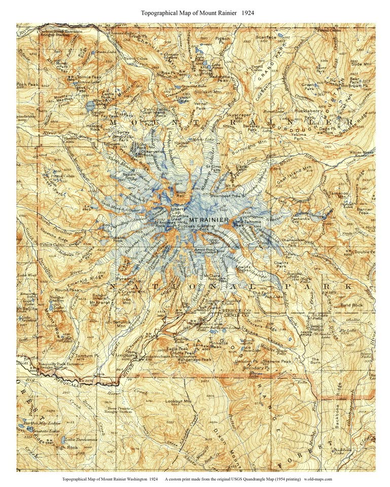 Mount Rainier 1924 USGS Old Topographic Map Custom Mt. Mt WA Composite 30x30 Washington - 24x30