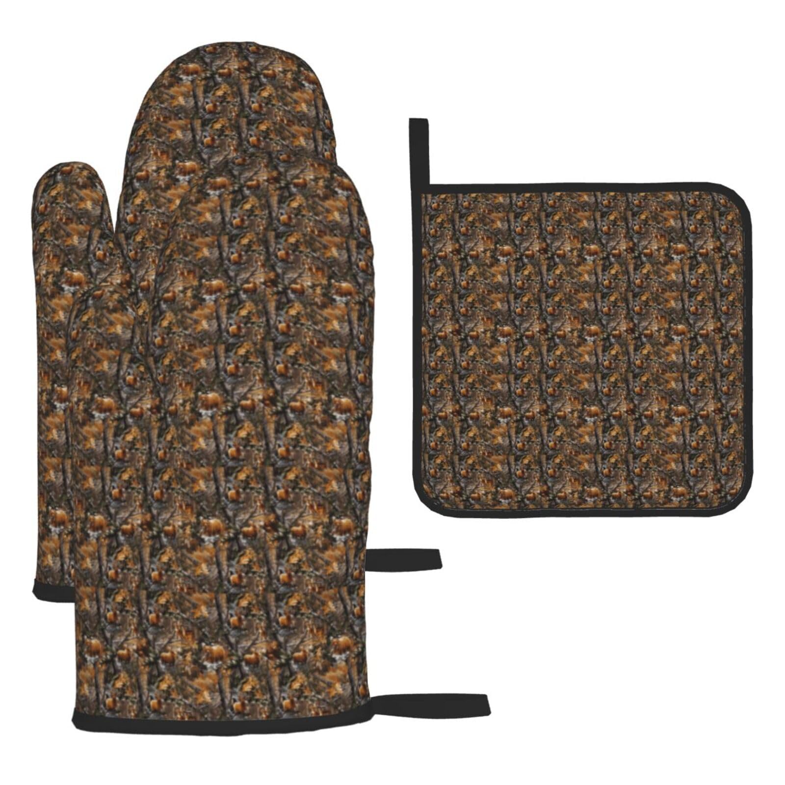 Hunting Deer Bear Deer Print Oven Set Kitchen Gloves Baking Grilling Microwaving Cooking Gift Everyday Holiday