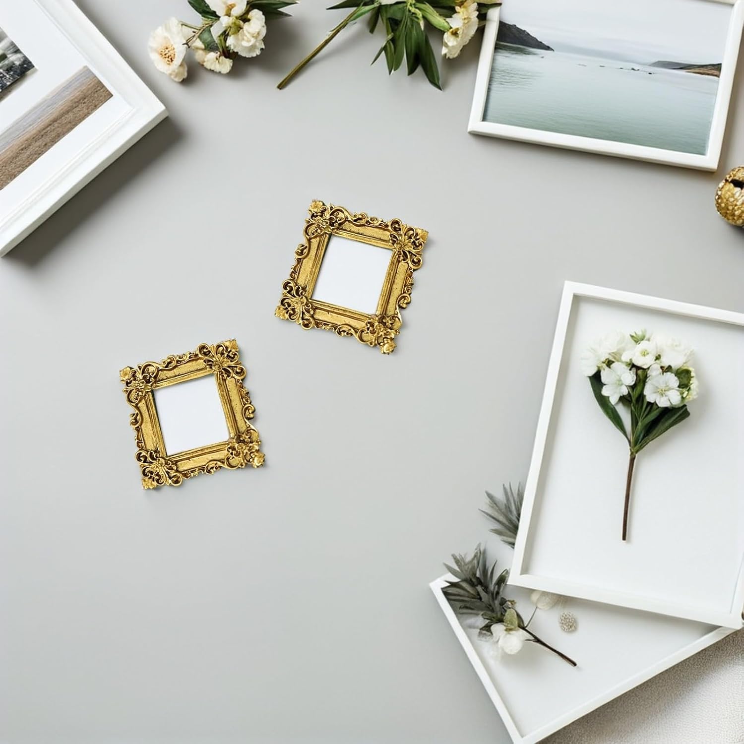 WOONEKY 2pcs Mini Vintage Picture Frames Resin Gold Baroque Decor