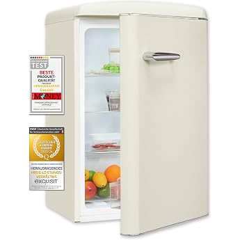 Exquisit RKS120-V-H-160E Retro Full Room Fridge in Magnolia White 122 L Retro fridge without freezer 89.5 x 54.5 x 59 cm quiet 39 dB energy class E 3 glass shelves for 1-2 people [Energy Class E]