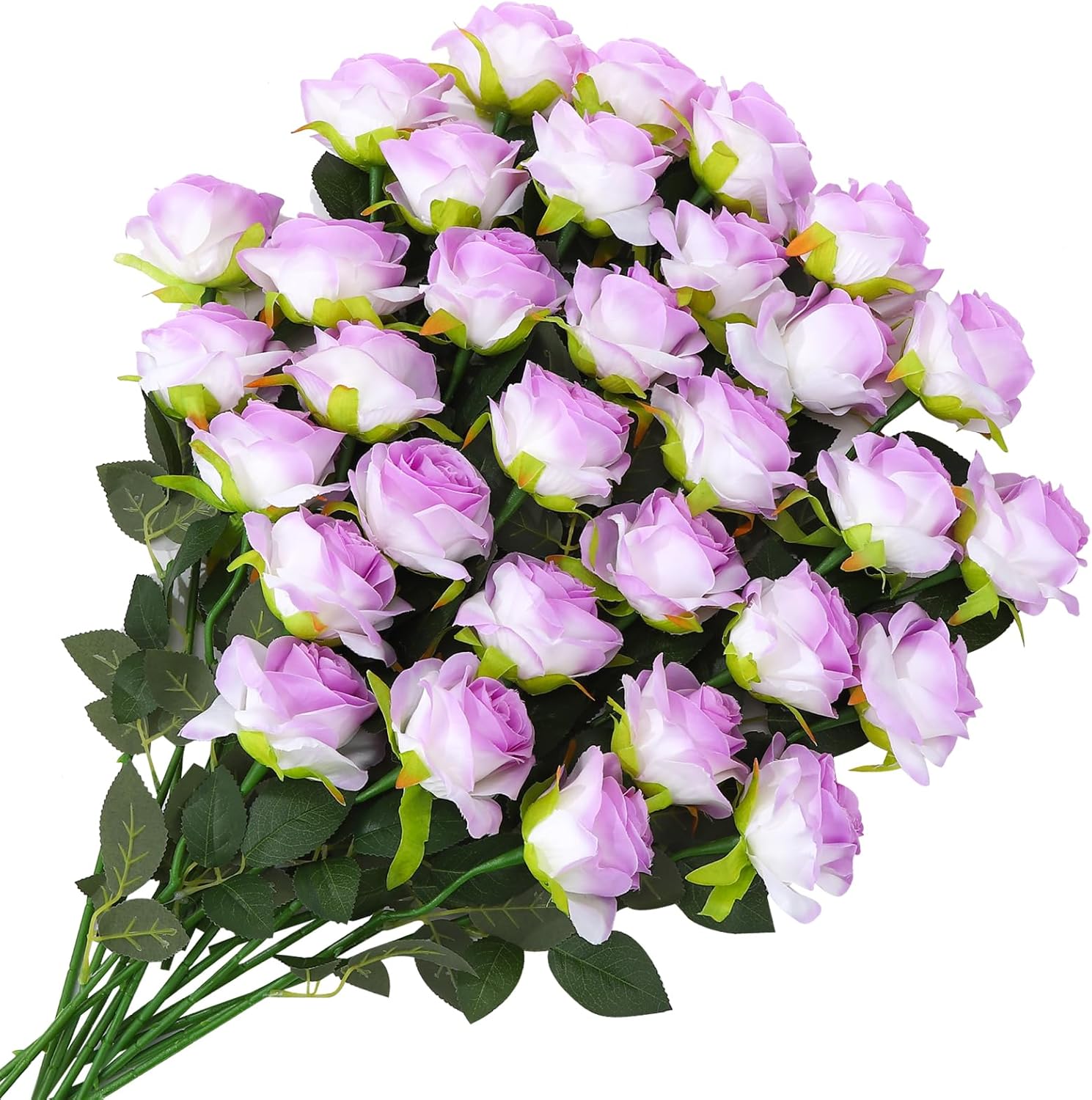 32 Pcs Light Purple Artificial Flowers Bulk, 20" Silk Gradient Blush Purple Real Touch Roses for DIY Wedding Bridal Valentine's Day Bouquets Centerpieces Home Decor