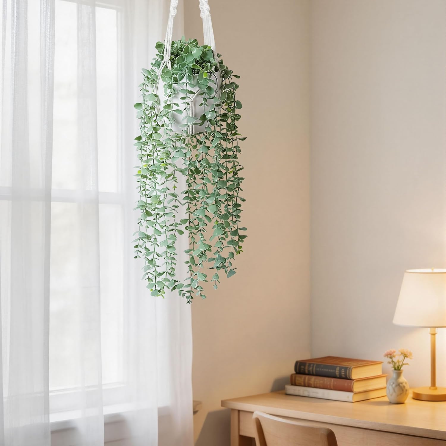 DREAMLOOM 2 Packs Fake Hanging Plants with Pots, Artificial Eucalyptus Hanging Plants with Macrame Hanger for Indoor Decor, Fake Hanging Vines Faux Greenery for Home Kitchen Office