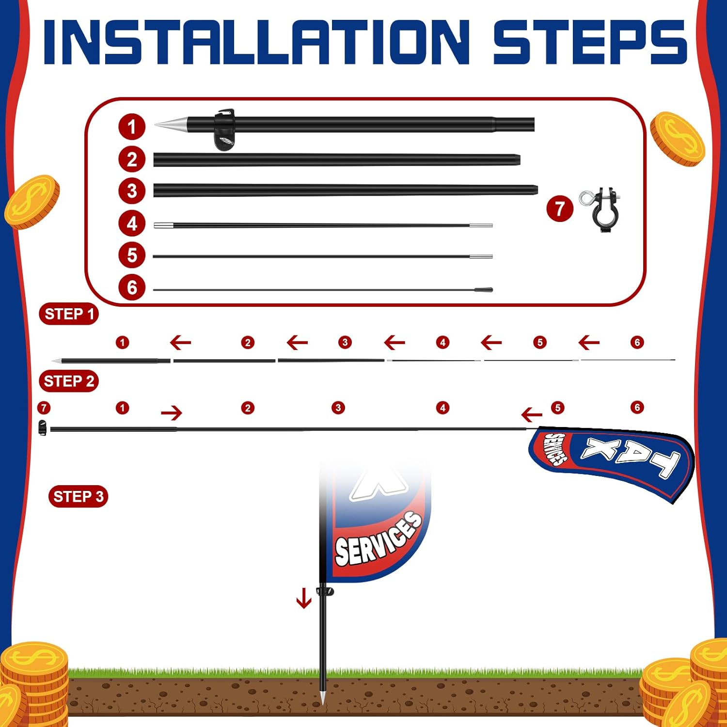 6 Set Financial Services Feather Flag Sign Includes 7ft Tall Advertising Banner and 5 Income Tax Impuestos Yard Sign with Ground Stake for Business Promotion Financial Services Tax - Image 4