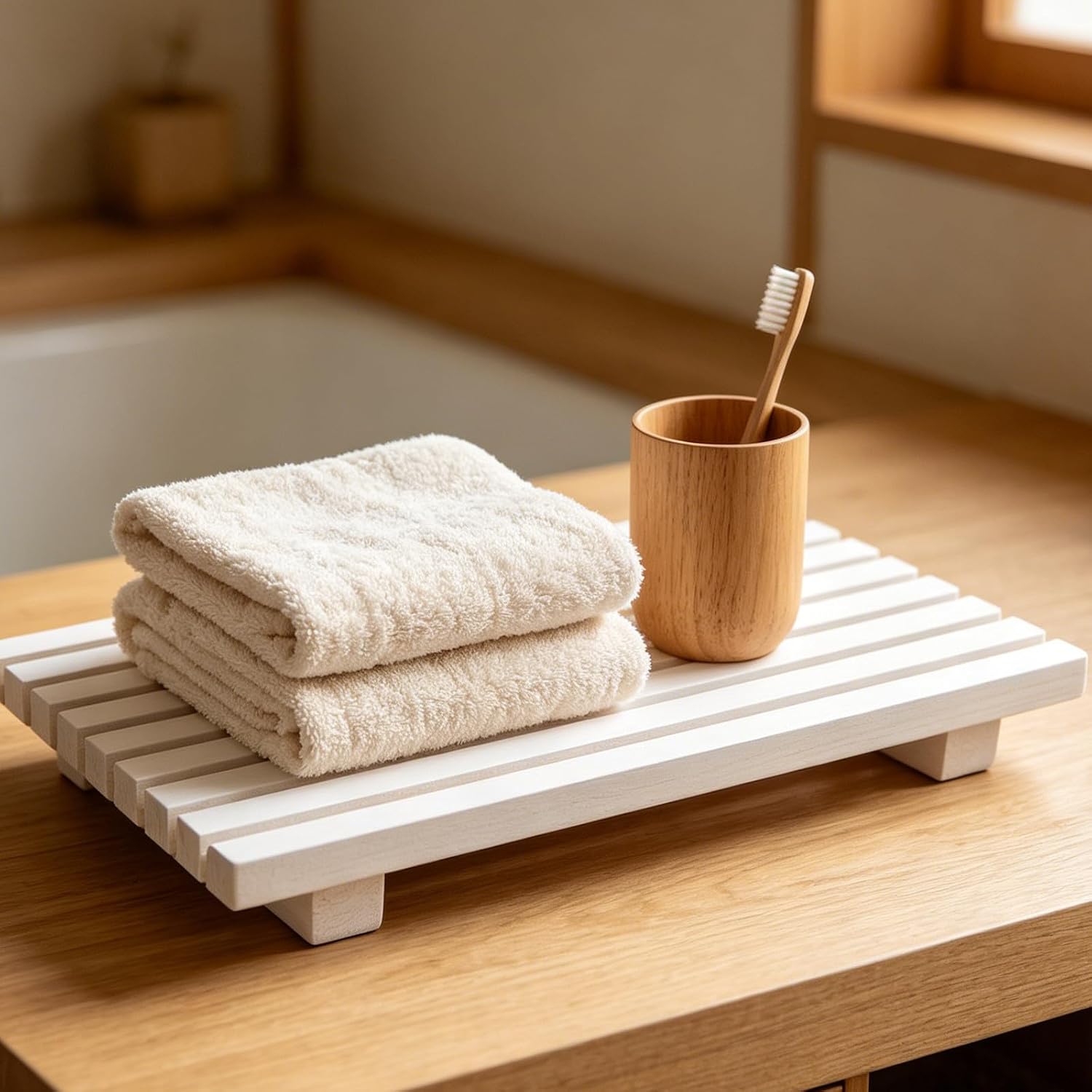 White Wooden Vanity Tray Riser with Antislip Pads for Bathroom Counter Organization, Modern Minimalist Design, Widened Base and Integrated Sink Stand, Keeps Surfaces Clean