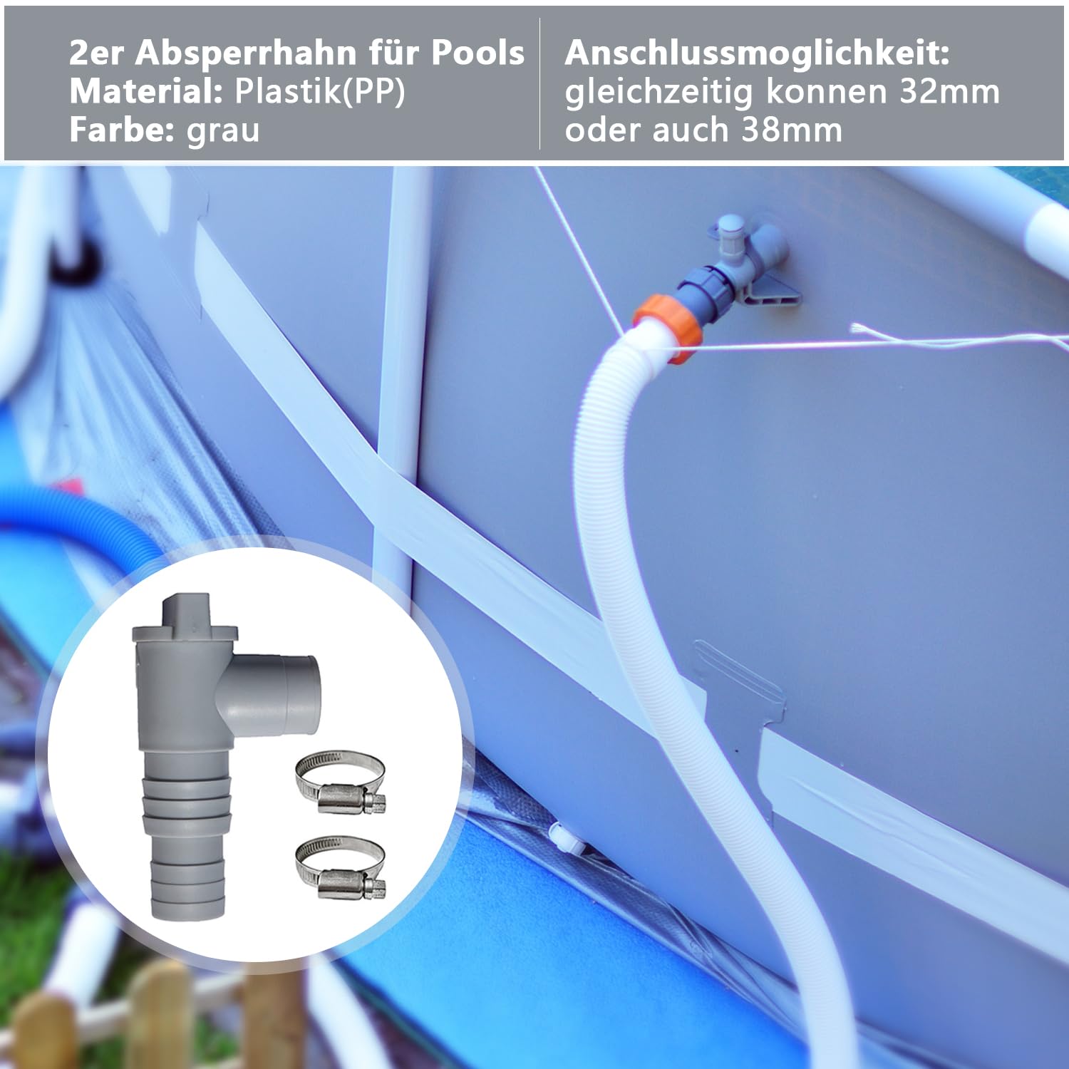 2PCS Vanne d'entretien/d'arrêt pour Piscine, Accessoires de Piscine | Robinets d'arrêt pour Piscine, avec Raccord de Tuyau de 32/38mm, Vanne Piscine Double Split Tuyau Valve Plunger