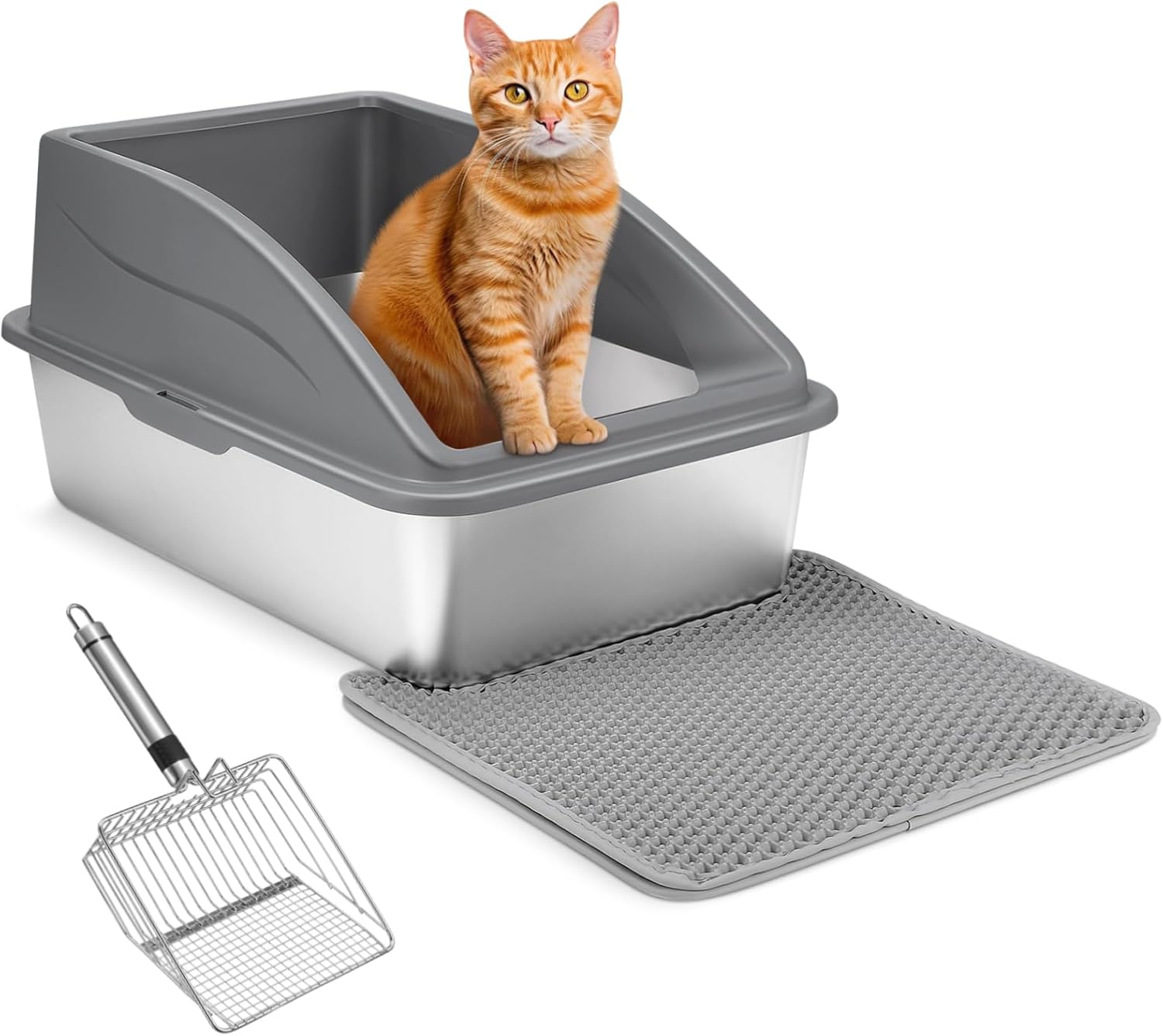 1Set Stainless Steel Cat Litter Box with High Walls Easy to Top Entry Design Complete Cleaning Kit with Litter Scoop Mat for Indoor Kittens and Cats