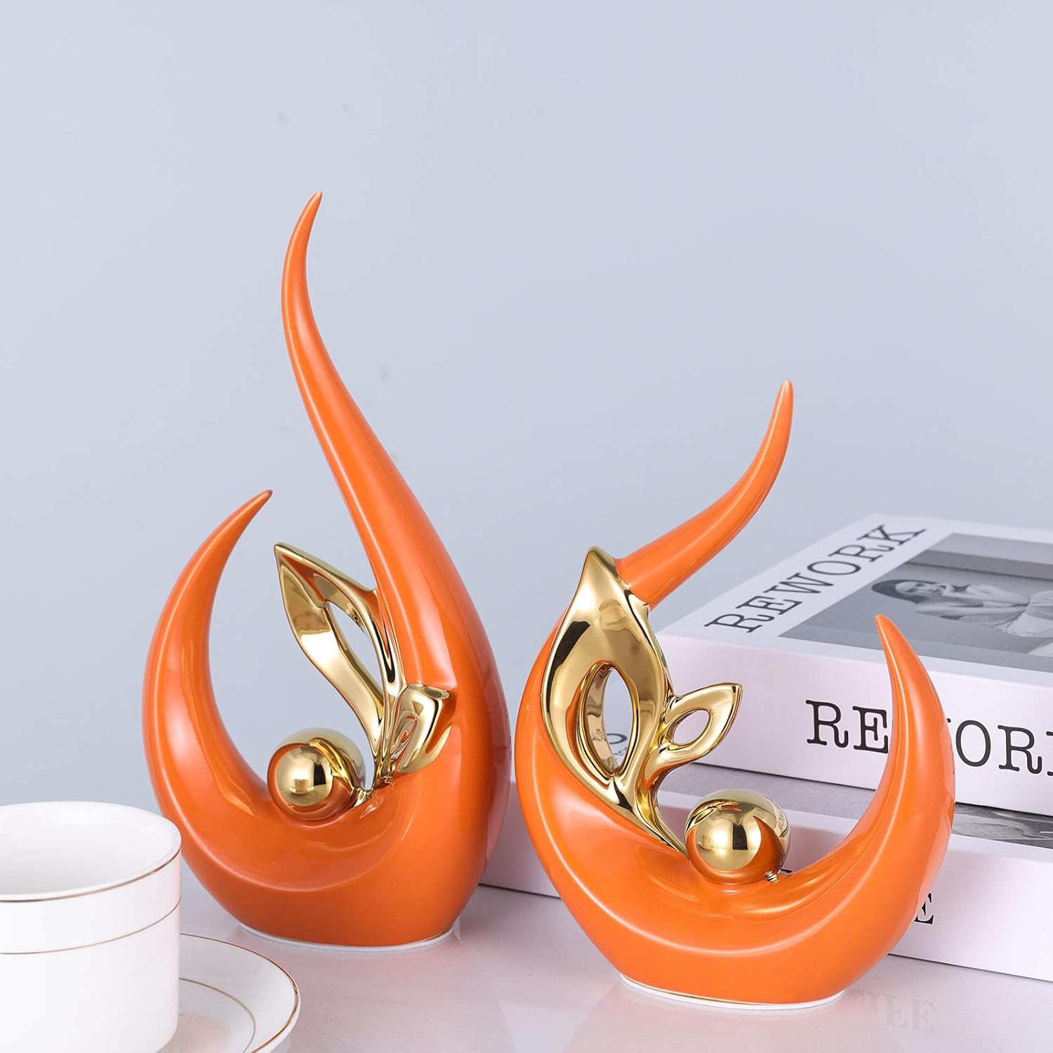 XMGZQ Burnt Orange Gold Ceramic Statues for Home Décor Accents,Abstract Art Mid Century Modern Decor,Elegante Centerpiece Table Decorations,Sculpture for Entryway,Shelf,Tv Stand,Mantel,Coffee Table - Image 3