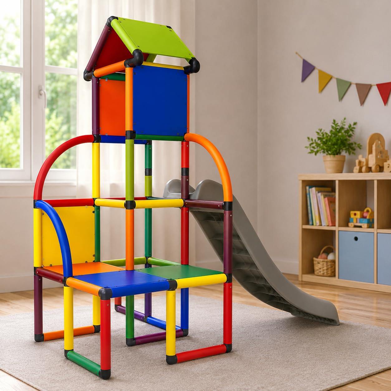 Move and Stic Toni Kletterturm mit Rutsche & Dach, Bunter Spielturm für Kinder, Indoor & Outdoor, Erweiterbares Stecksystem, UV-beständig, TÜV/GS geprüft, EN 71, ca. 225 x 125 x 194 cm