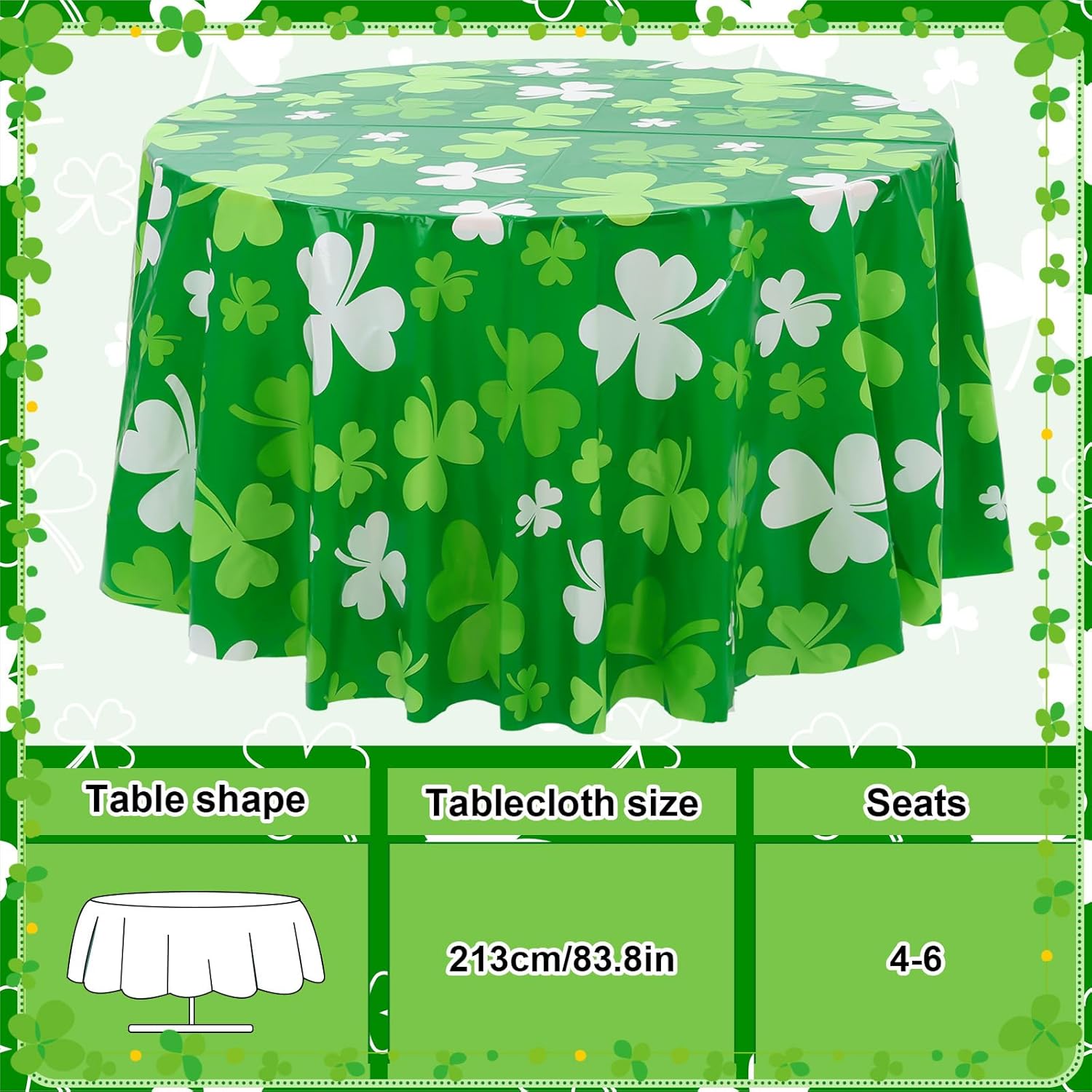 6 Pcs St Patricks Day Plastic Round Tablecloth 84 Inch Green Shamrock Disposable Table Cover Irish Lucky Clover Circular Table Cloth for St Patricks Day Picnic Birthday Party Decoration 6 St Patricks Day