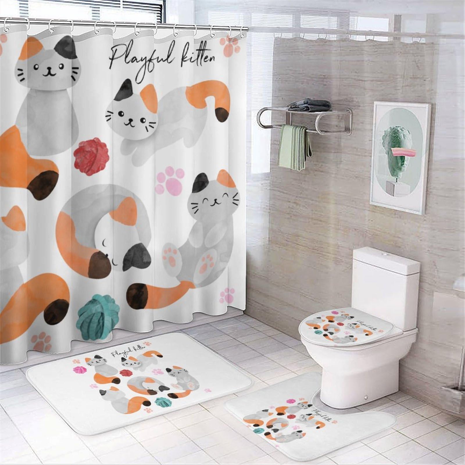 CGSBNGHA Watercolor Cats Shower Curtain Set 4 Piece Bathroom Sets with Rugs Toilet Lid Cover And U-Shaped Floor Mat