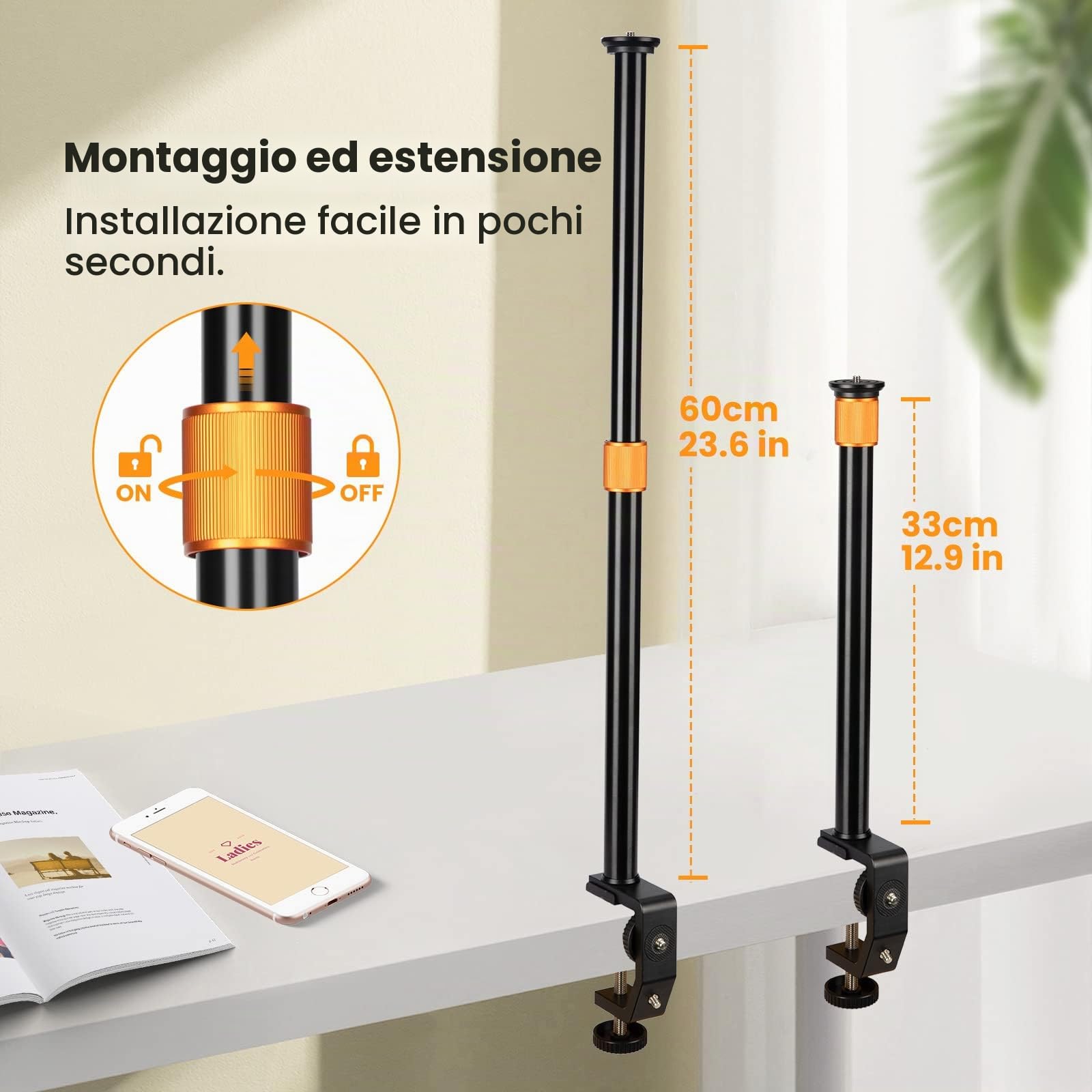 TARION C Supporto a morsetto Supporto da scrivania per fotocamera con testa a sfera e asta di prolunga regolabile da 33-60 cm per Vlogging Live Stream Photo Studio Light Photography Filming(TR-CS)