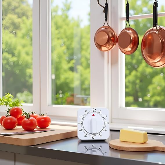 White Square 60-Minute Mechanical Wind-up Cooking Clock with Loud Alarm - No Batteries Required, Ideal for Kitchen Management