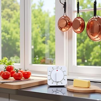 White Square 60-Minute Mechanical Wind-up Cooking Clock with Loud Alarm - No Batteries Required, Ideal for Kitchen Management