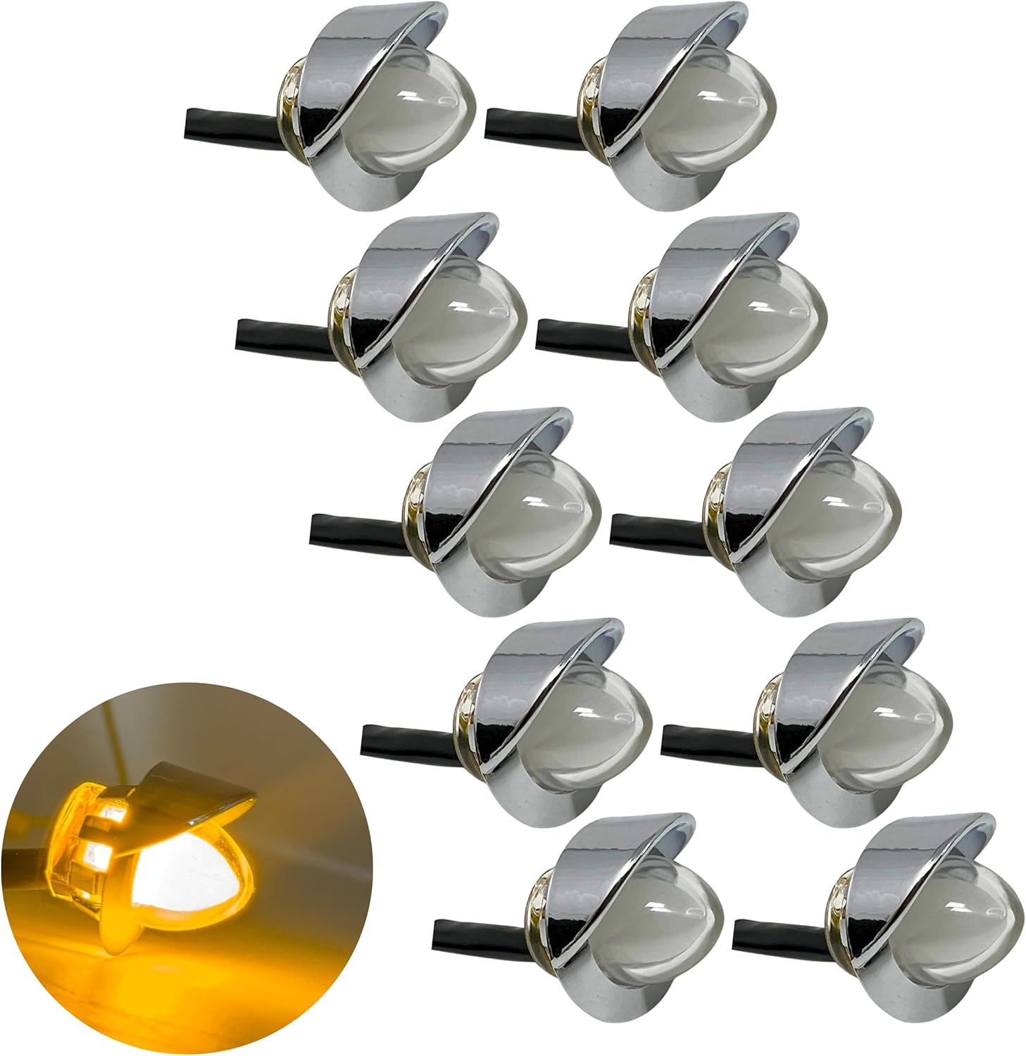 Amber Mini Watermelon Lights (Clear Lens) 3/4" Diameter 1-LED GLO Style 10 Pack Vingtage Dome Style Lens Chrome Visor Bezel IP65 Freightliner Peterbilt Trailer Heavy Trucks Marker Clearance