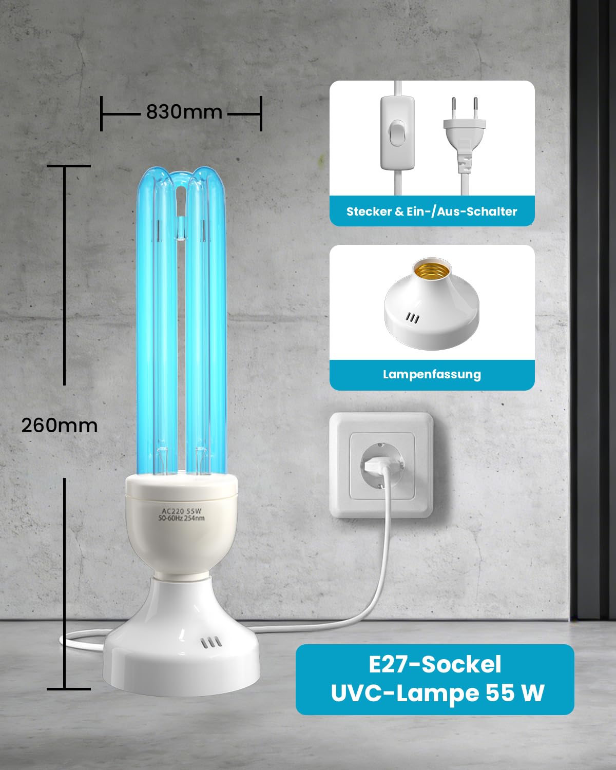55W UV Lampe Desinfektion Ozon Licht mit Fernbedienung und 3 Timer Keimtötende Lampe, Duale Sterilisation und Desinfektion, AC220-240V, Perfekt für Küche, Schlafzimmer, Büro Frischluft
