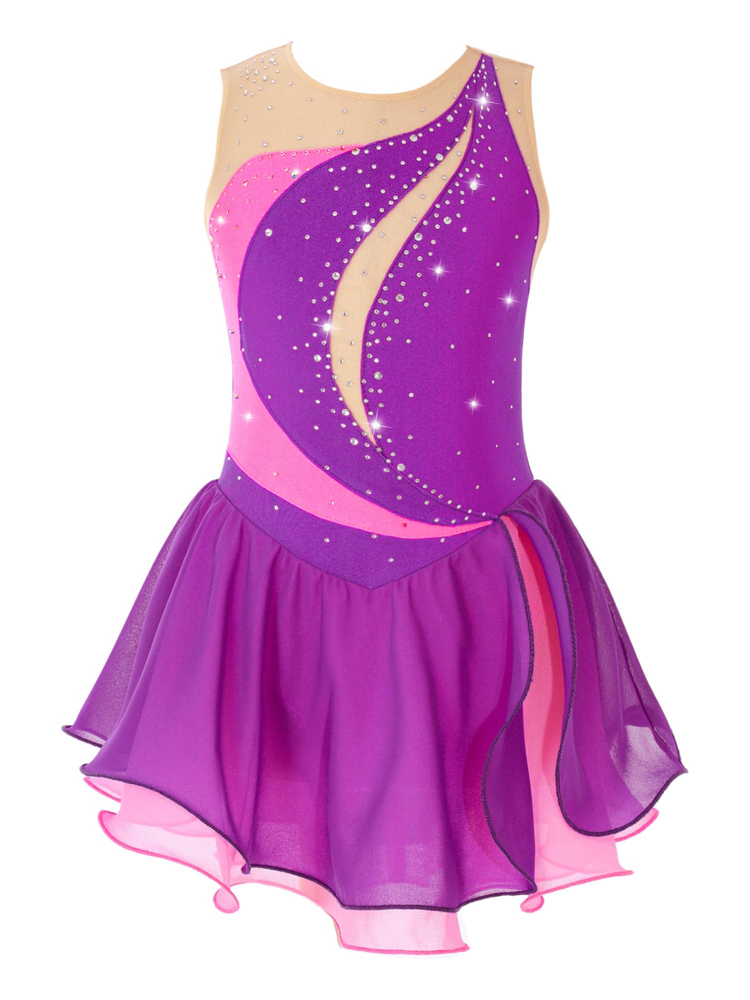 IEFIEL Vestido de Patinaje Artístico para Niña Maillot Ballet con Falda Malla de Gimnasia Rítmica sin Mangas con Lentejuelas Brillantes Vestido de Danza Lírica — view 33