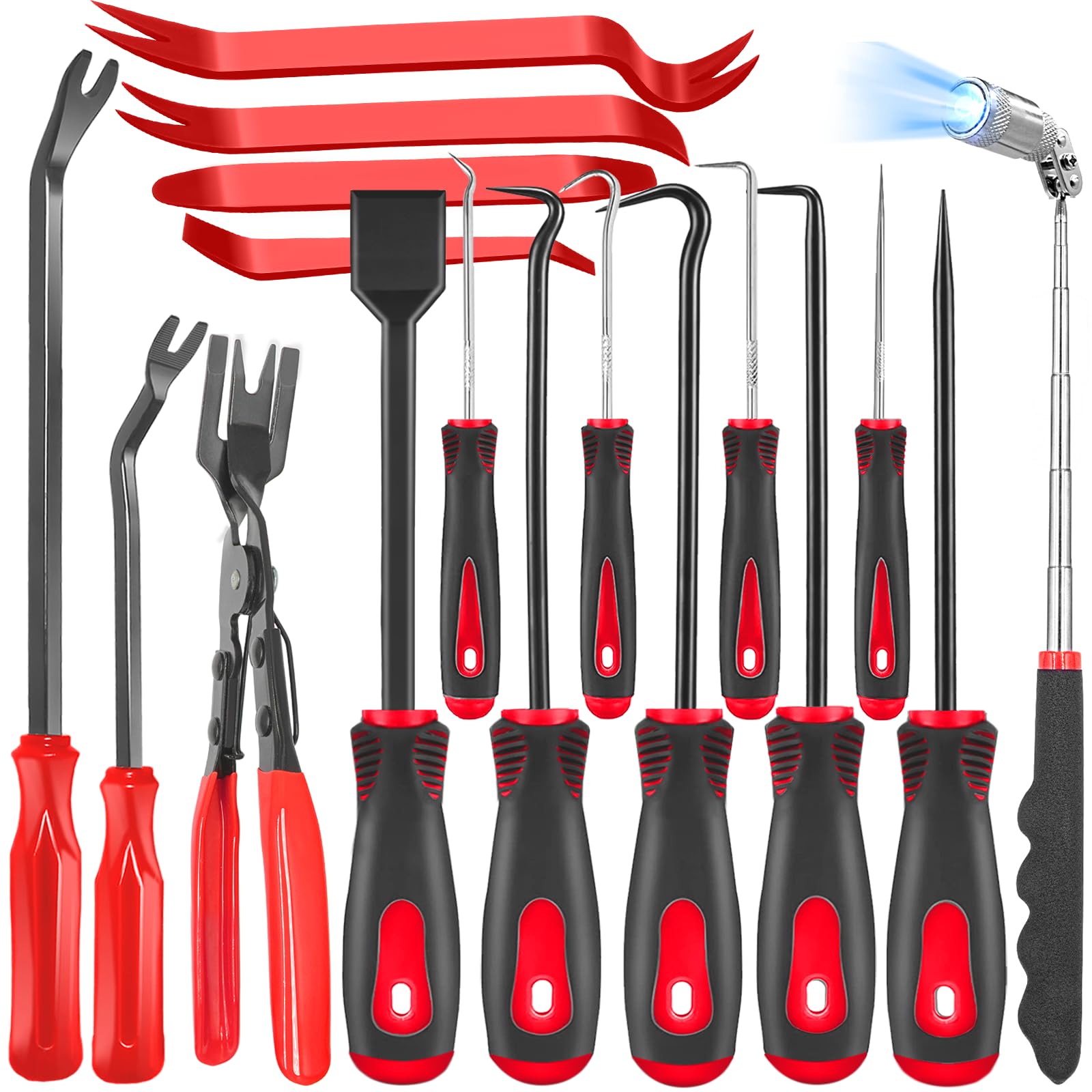 17Pcs Mechanic Hook and Pick Tool Set & Car Trim Removal Kit with Fastener Clip Pliers,Rivet Puller,Magnetic Pickup,Gasket Scraper,Non-Scratch Plastic Pry Tools for Automotive Repair-Red