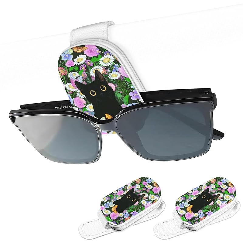 Kit com 2 suportes magnéticos para óculos no para-sol do carro UntilPlan, em couro, estampa Butterfly Cat