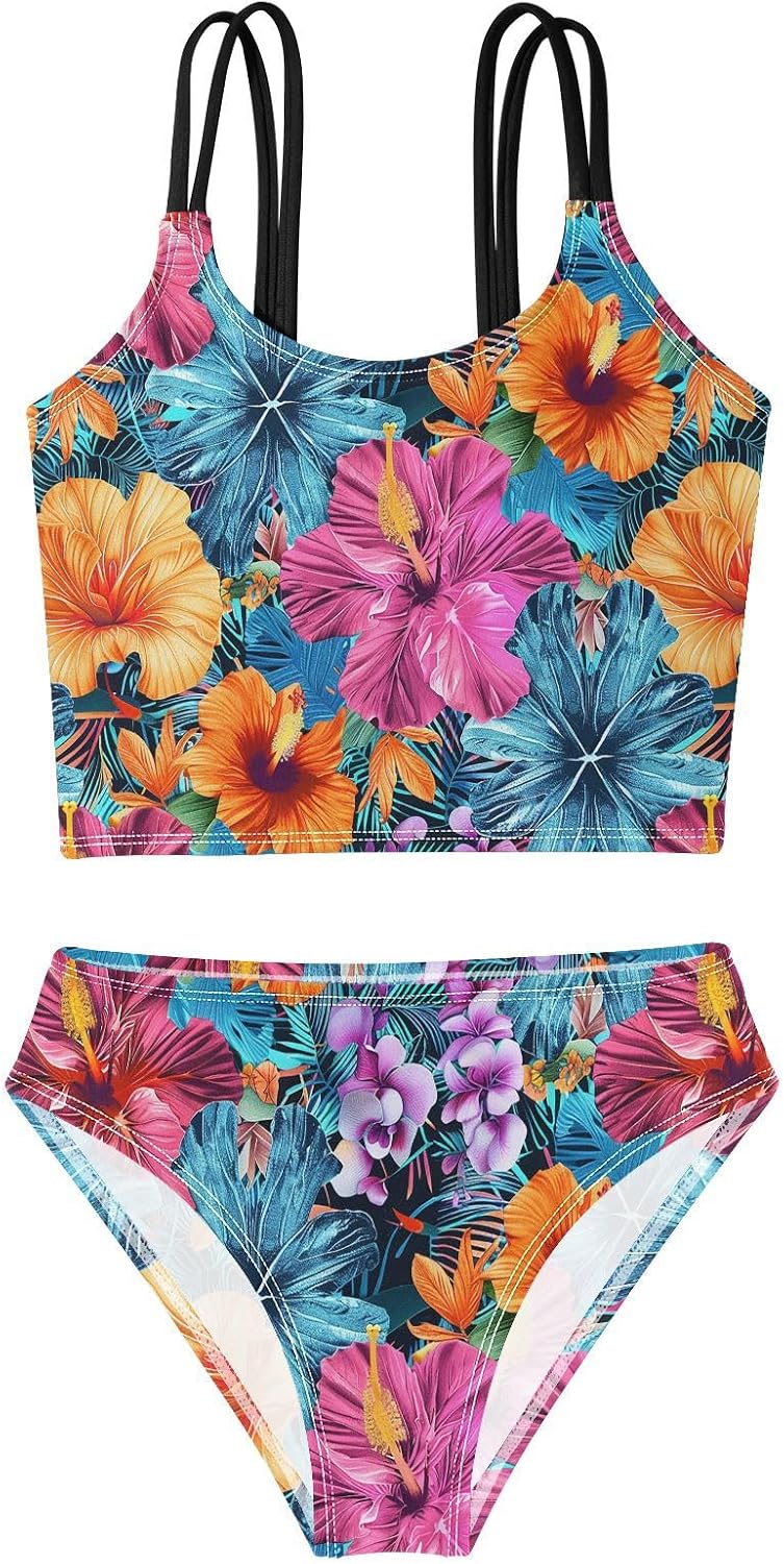 visesunny Girls Two Piece Swimsuits False Texture Tropical Flower Girl's Bikini Sets Bathing Suits for Girls Size 5-12Y
