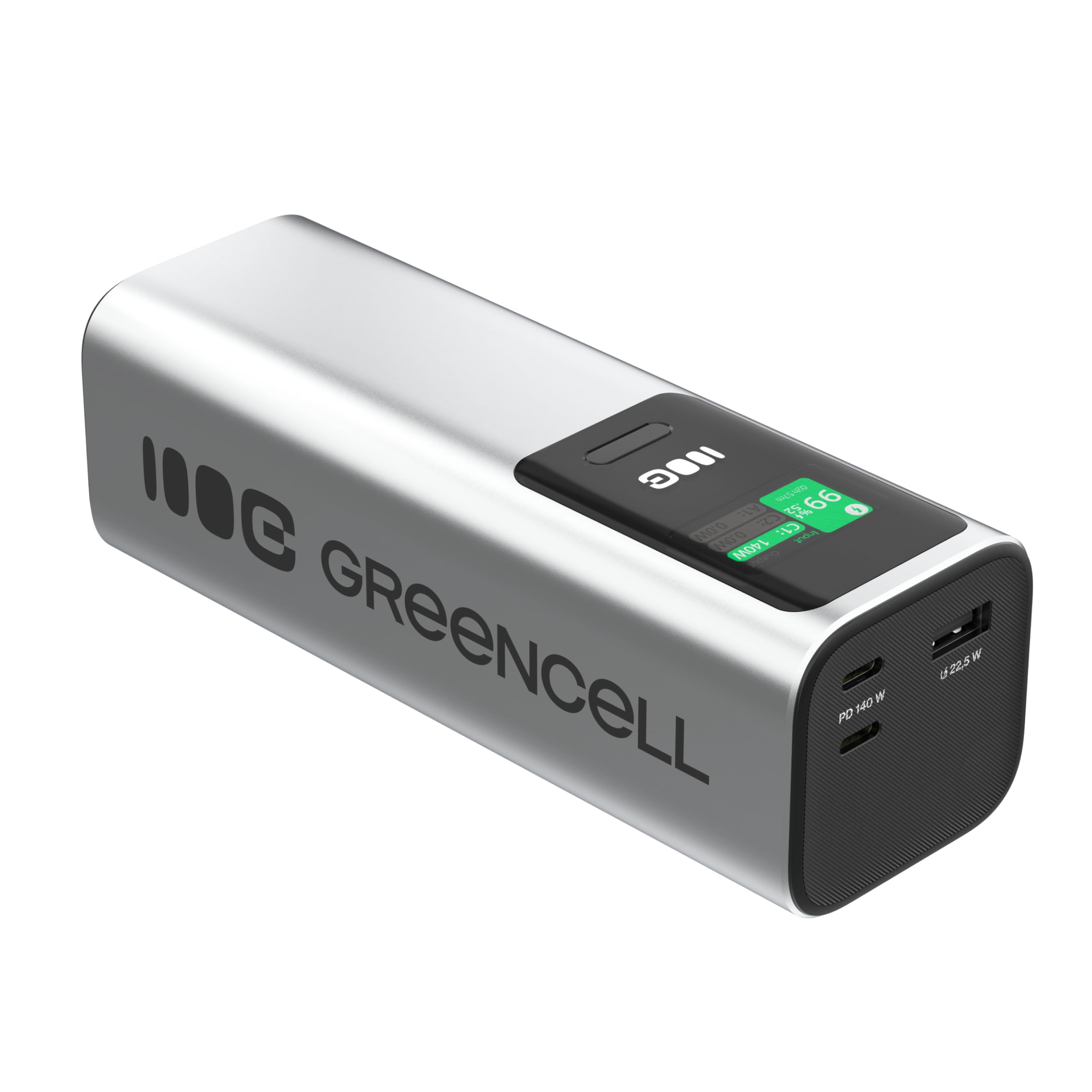 Greencell PowerPlay Ultra Powerbank 25200 mAh 140 W, USB-C PD, carga rápida para ordenador portátil, MacBook, iPhone 16/15/14 Pro Max, pantalla LCD, cargador externo para dispositivos con alto consumo