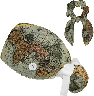 FVQL 2 Pieces Surgical Cap for Long Hair Scrub Cap with Hairband Nurse Cap, World Map Pattern
