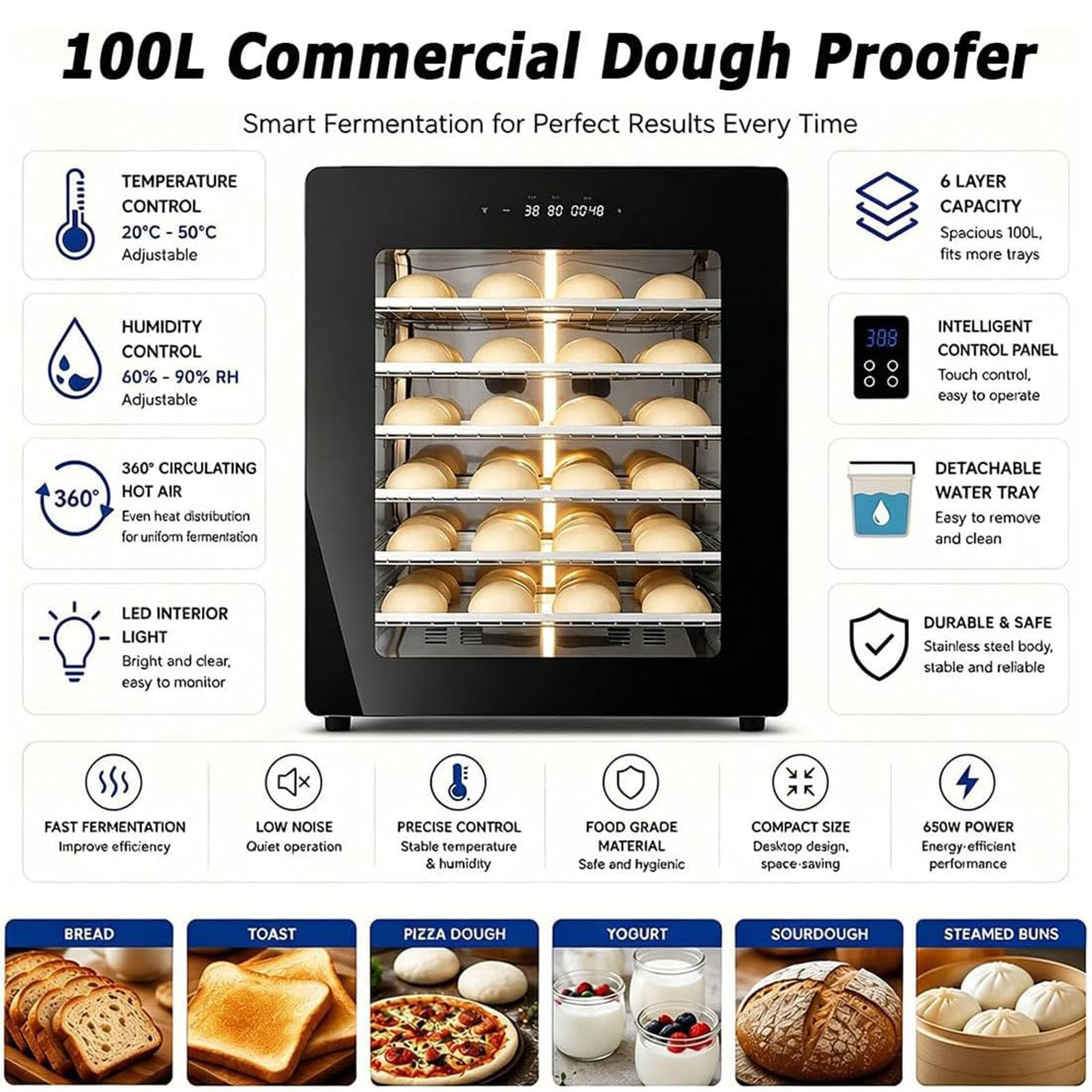 Professioneller Brotgärschrank 100l,Teiggärbox,Digitalanzeige, Automatischer Schutz,20-50℃ & 60-90% Rh Regelung,Für Sauerteig, Pizzateig,Reiswein