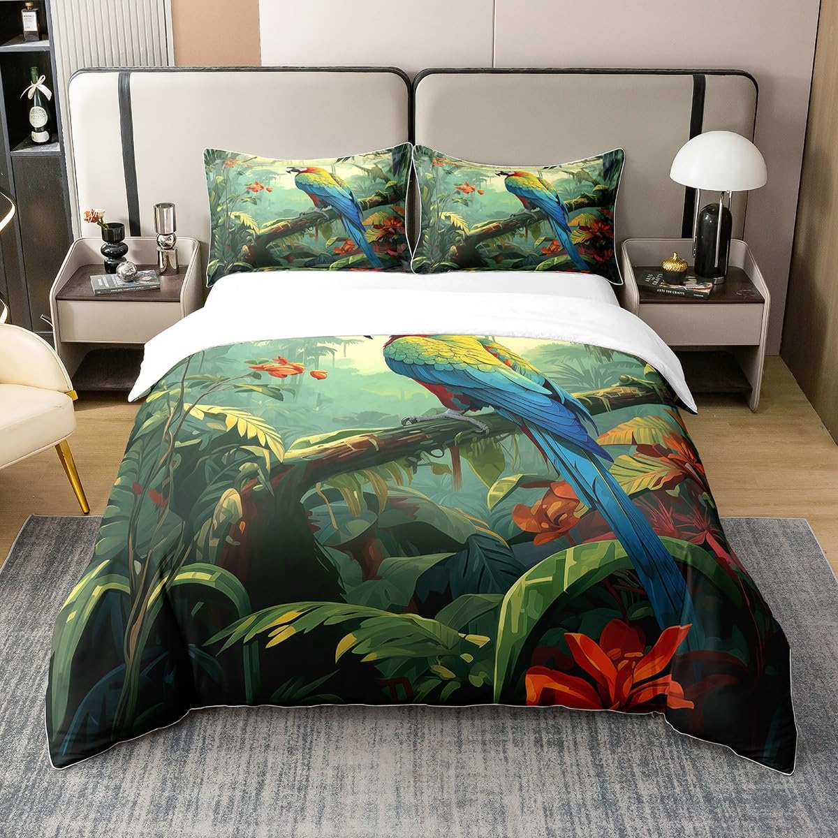 Kinder 3D Papagei Bettbezug 135x200,Regenbogen Vogel Tröster Abdeckung,Grüne Palmenblatt Baum Bettwäsche Set,Nette Lustige Haustier Tier Bettwäsche Abdeckung mit Reißverschluss Verschluss Zimmer Dekor
