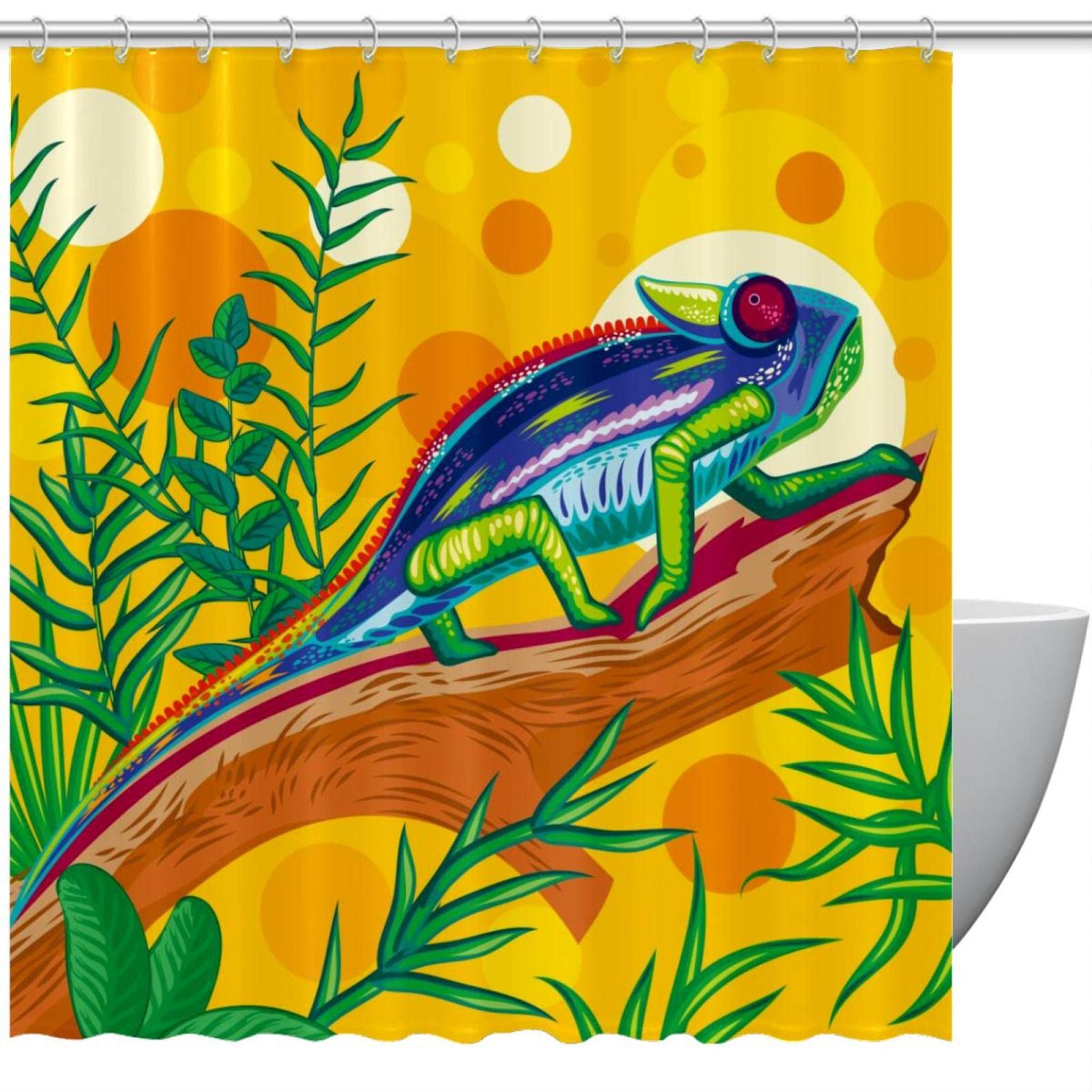 Rideau de douche caméléon vert forêt coloré avec crochets inclus