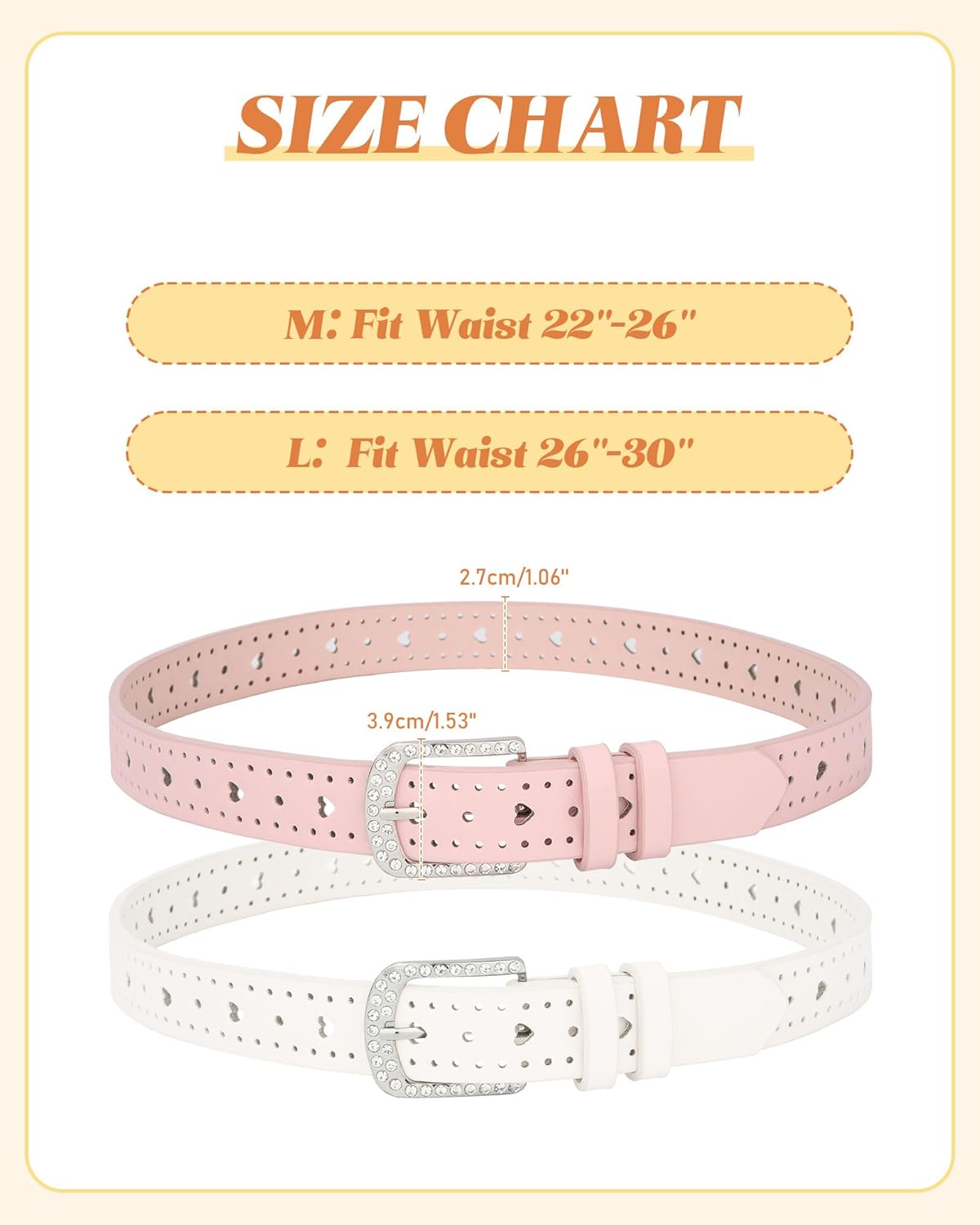 AWAYTR 2 Pcs Girls Leather Belt, With Rhinestone Buckle Kids Western Belt With Heart Cutouts for Dress Jeans - Image 3