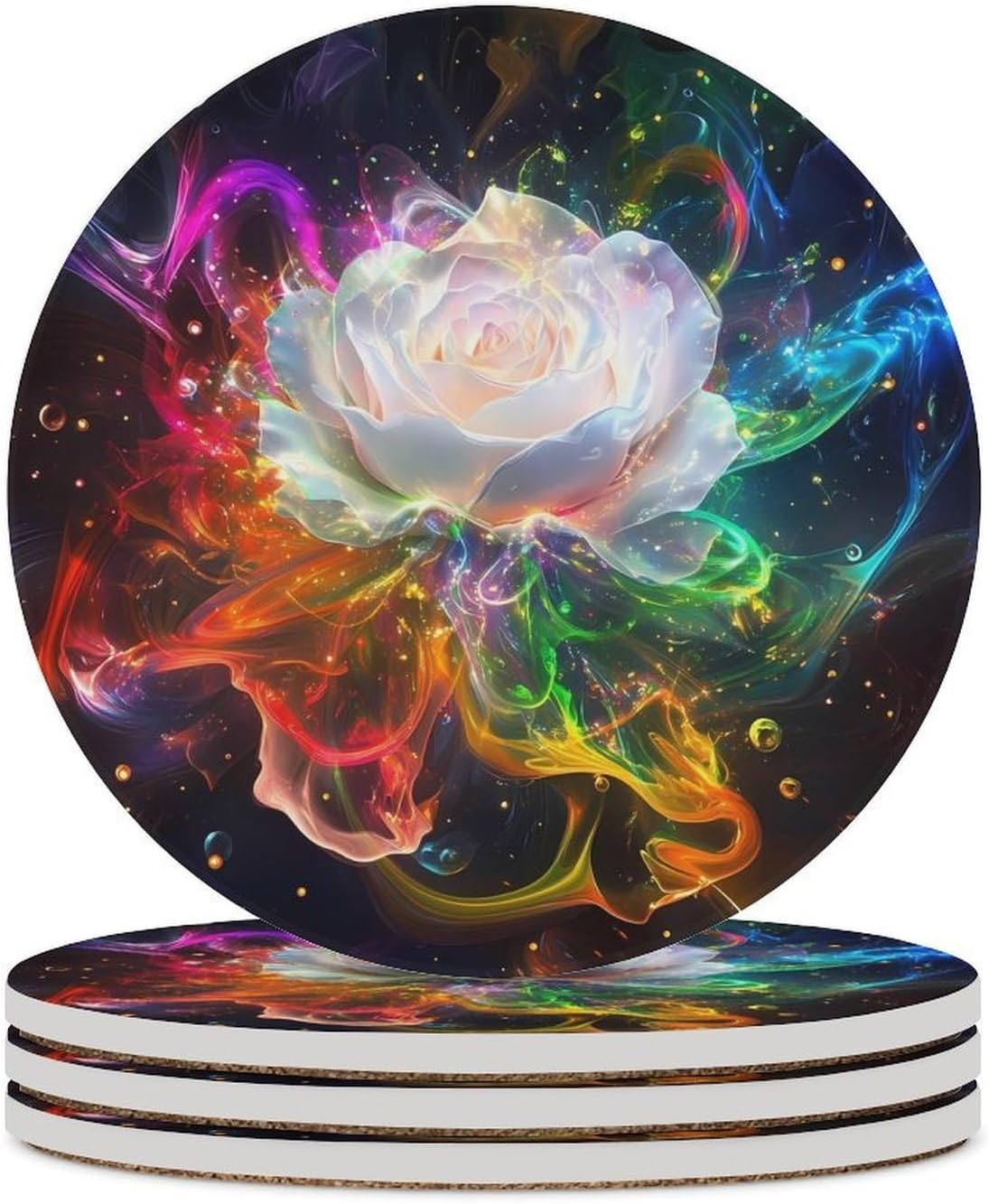 White Rose with Rainbow Colored Petals Round Ceramic Coasters Print Drinks Absorbent with Cork Base for Home Decor Gifts 4 Inch