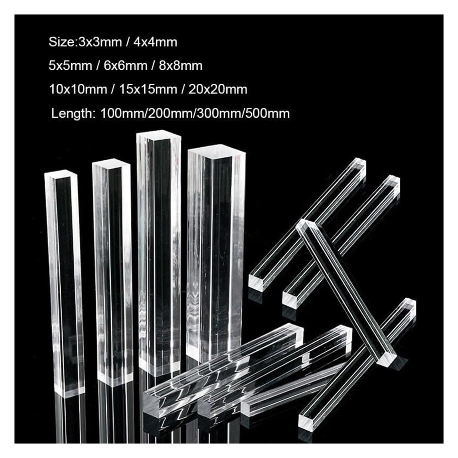 Rura kwadratowa z akrylu, Przezroczyste akrylowe pręty kwadratowe 5x5-20x20mm x 100-500mm(8x8x300mm)
