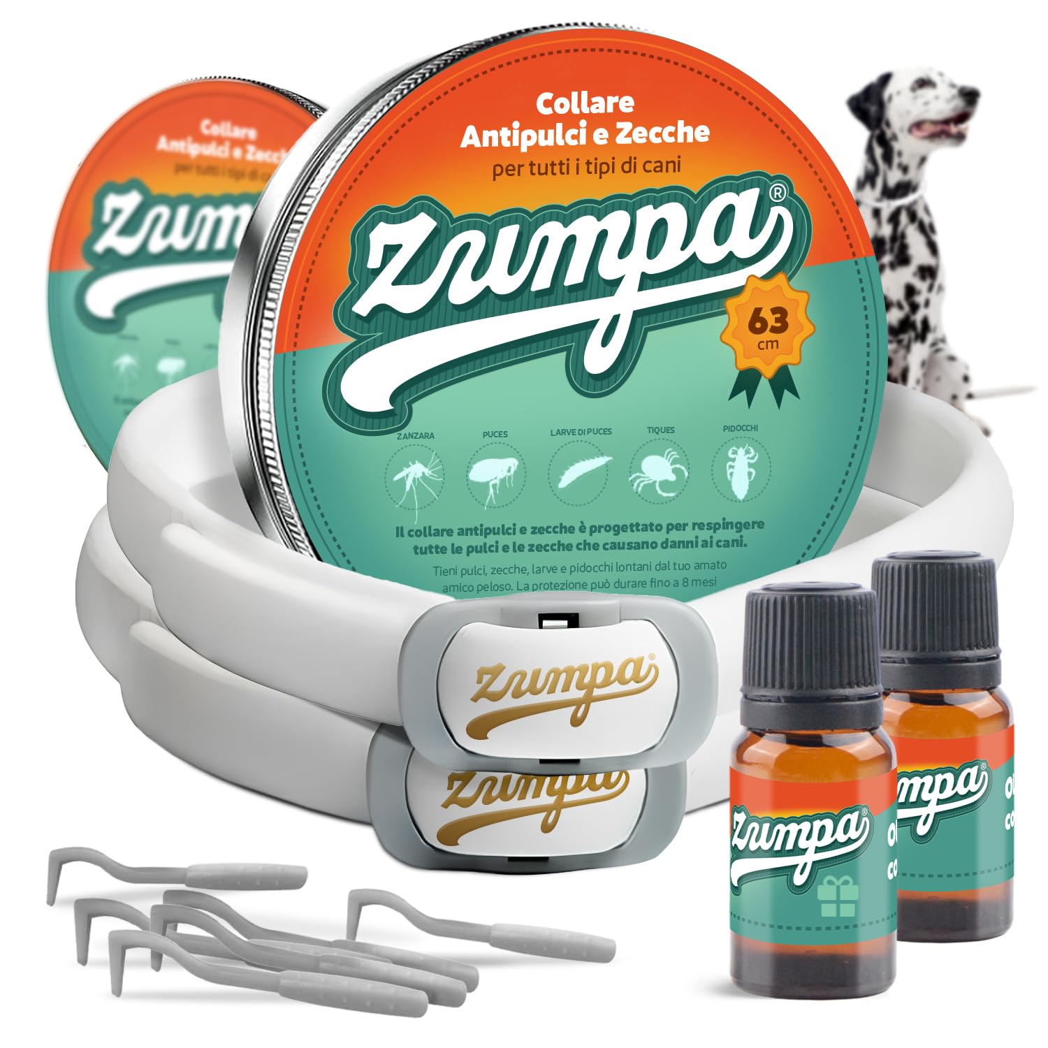 Zumpa Collare Antipulci e Zecche per Cani Taglia Grande e Piccola - 63 cm - Repellente Naturale - Collare Antiparassitario Cani - Protegge Pulci Zecche Pidocchi - Collare Antizecche e Antizanzare Cani