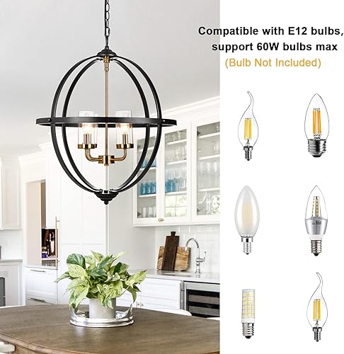 Miniatura 6 de Treekee Lámpara de araña rústica, cubierta de cristal con acabado negro y dorado, de lujo, 4 luces de globo vintage, lámparas de techo colgantes