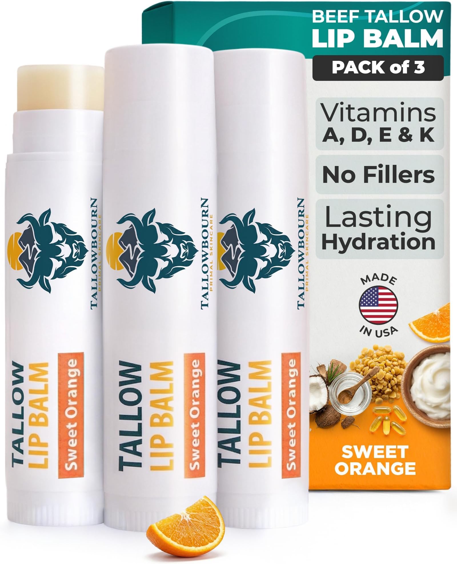 Moisturizing Grass-Fed Beef Tallow Lip Balm 3pk โ Sweet Orange