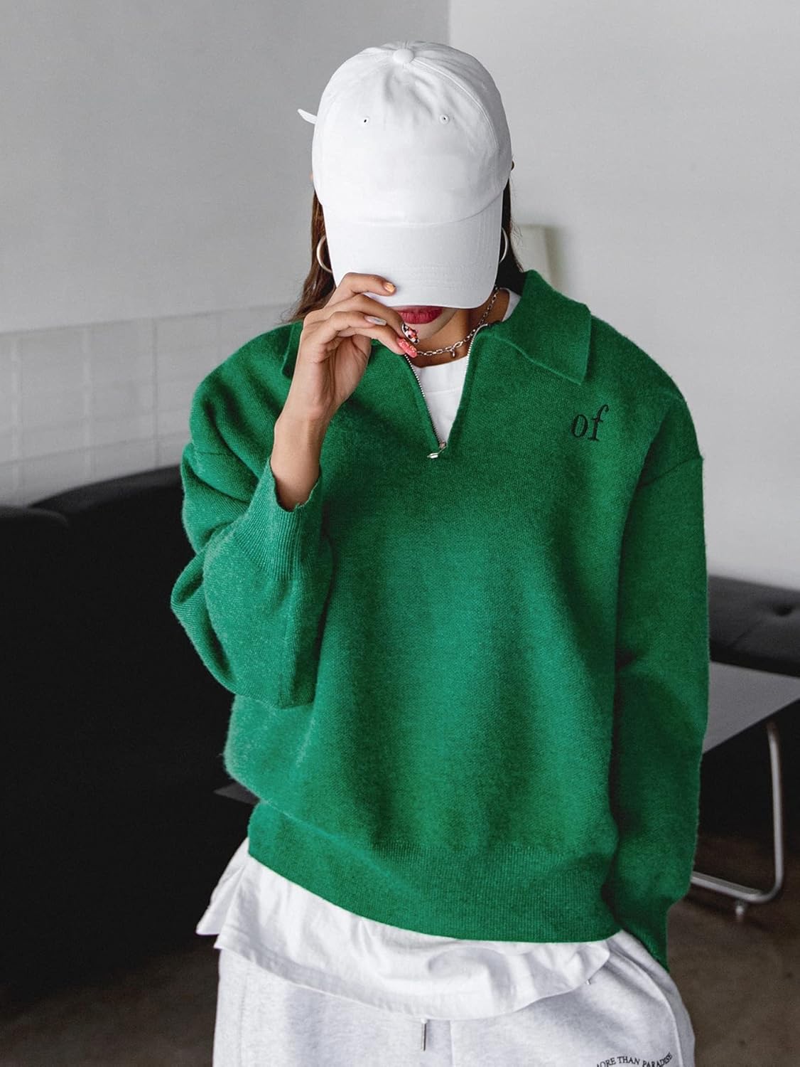 Letter Embroidered Drop Shoulder Polo Neck Sweater Without Tee (Color : Green, Size : Medium)