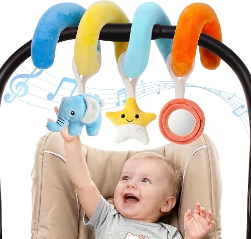 URMYWO Spiral Car Seat Baby Toys 0-6 Months, Nordic Style Sensory Toy for Newborn, Infant Hanging Stroller Toys with Rattle & 3D Crinkle, Squeaker, Mirror, Baby Shower Gift Essentials