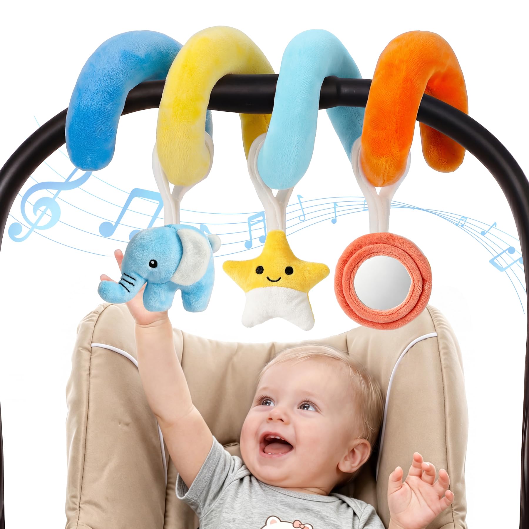 URMYWO Spiral Pram Toy Newborn Sensory Toys 0-12 Months Black & White High Contrast Rattles with Giraffe&Hedgehog Gift for Baby Boys Girls (Blue and Yellow)