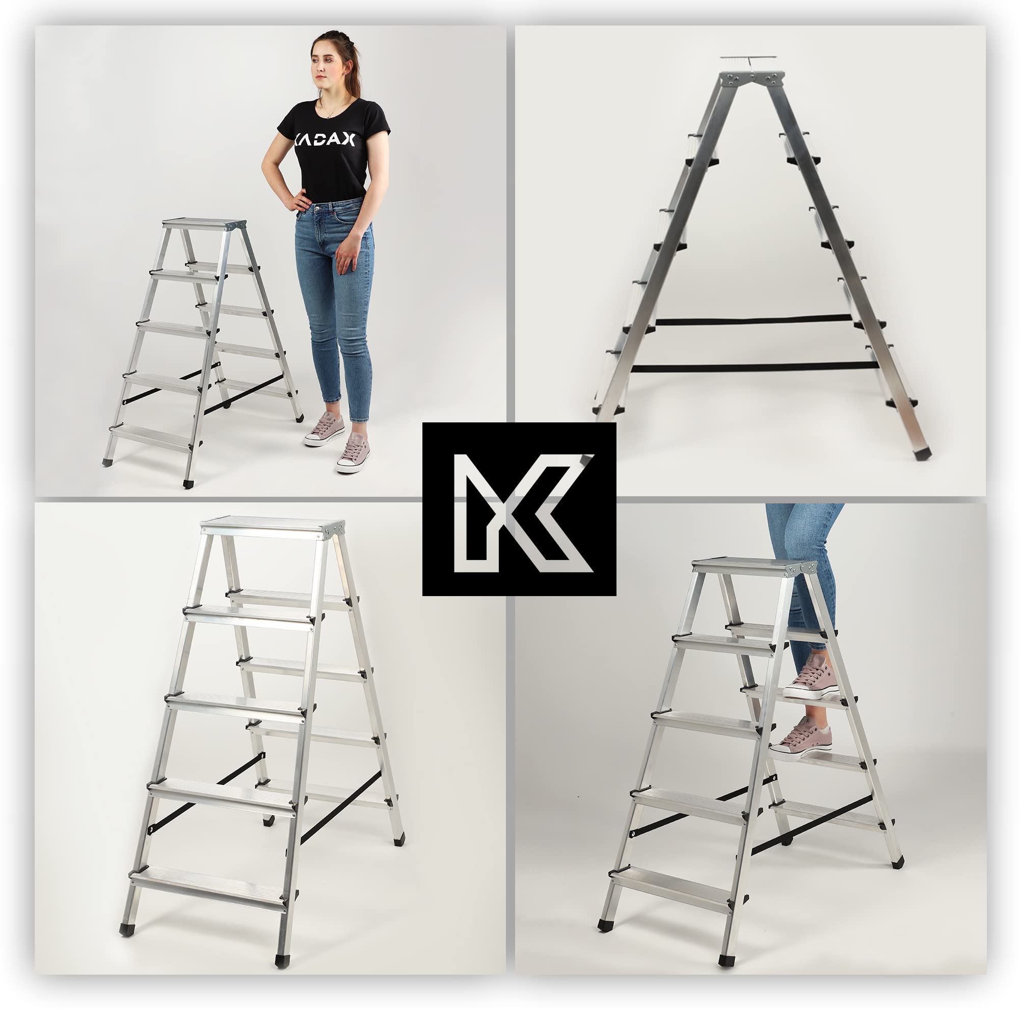 KADAX Escabeau alu 5 marches Pliable | jusqu'a 125kg | Pieds antiderapants | Menage Peinture Atelier | Leger transportable
