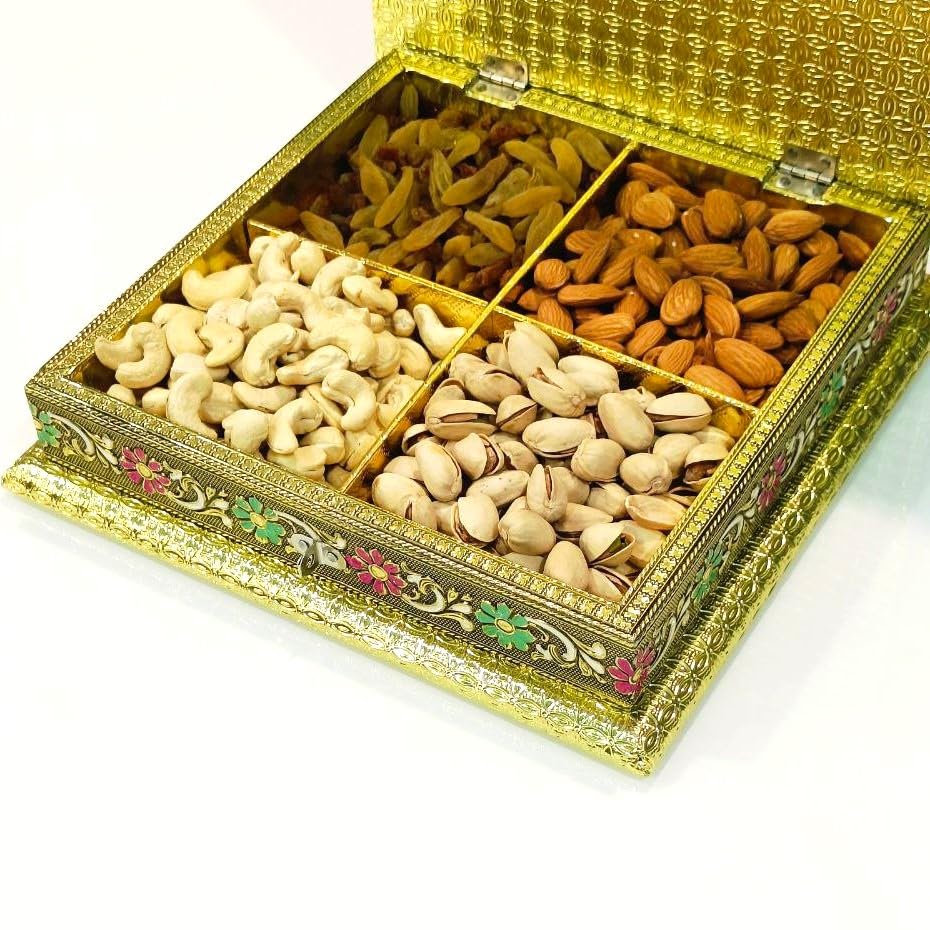 Image of Premium Gold Plated Dry Fruit Box with Peacock Design | Square Decorative Metal Storage Box with 4 Compartments | Luxury Gift for Diwali, Wedding & Festive Occasions (25 x 25 x 6 cm)