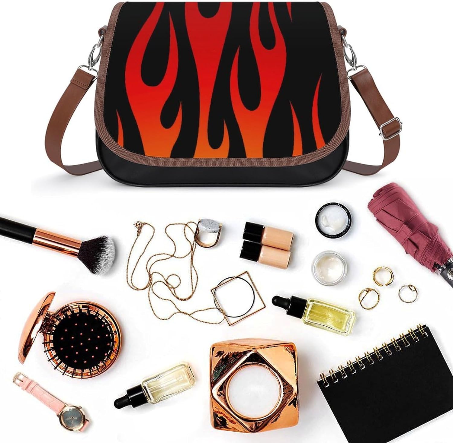 Retro Traditional Hot Rod FlamesWomen's Faux Leather Crossbody Bag, Waterproof Wrinkle-Resistant Shoulder Bag with Detachable Strap, Large Capacity Casual Handbag, Fashion Daily Purse for Shopping Wor