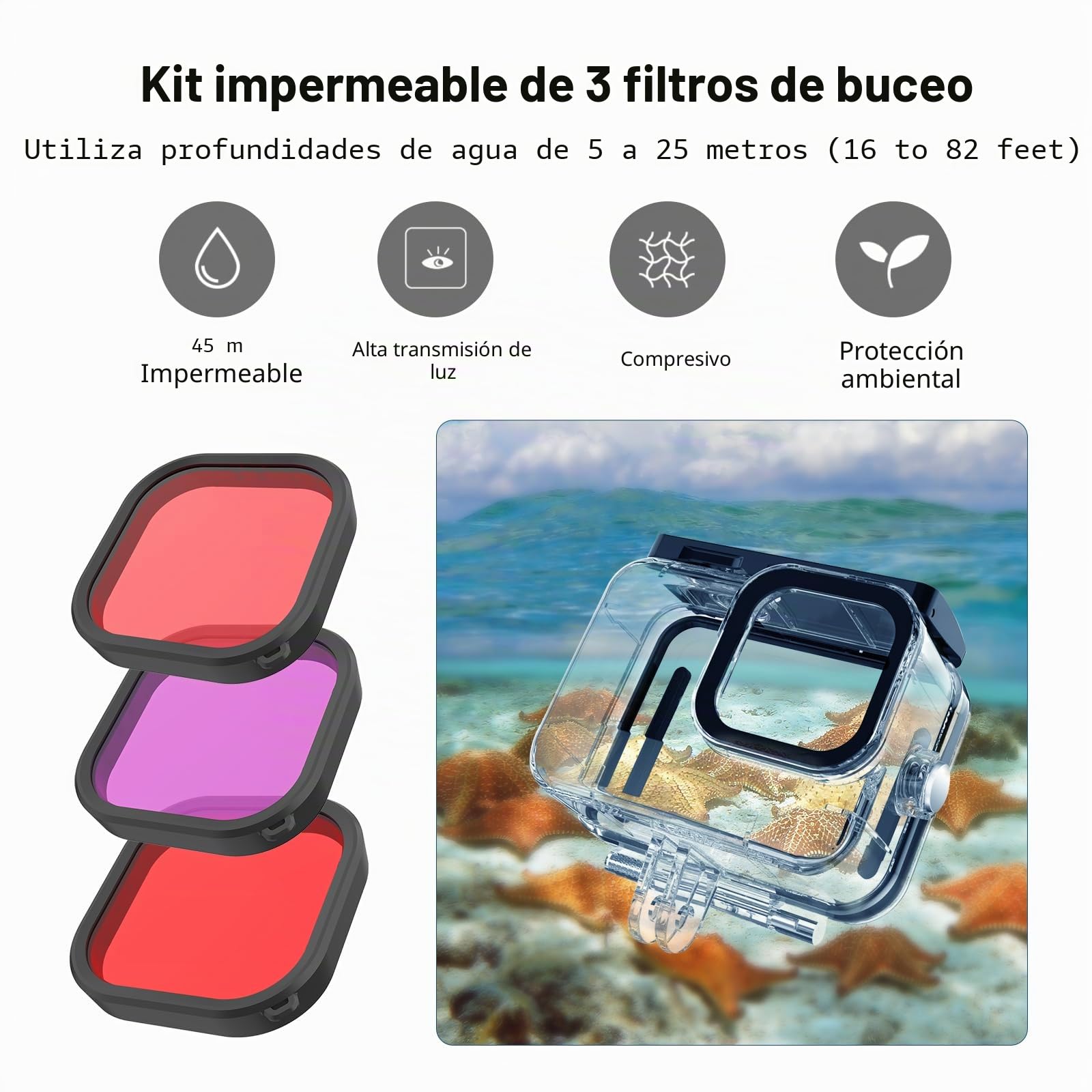 Carcasa Impermeable para GoPro Hero 13(60 m, con Soporte de liberación rápida, para GoPro Hero 13 + 3 filtros, 6 paños antivaho