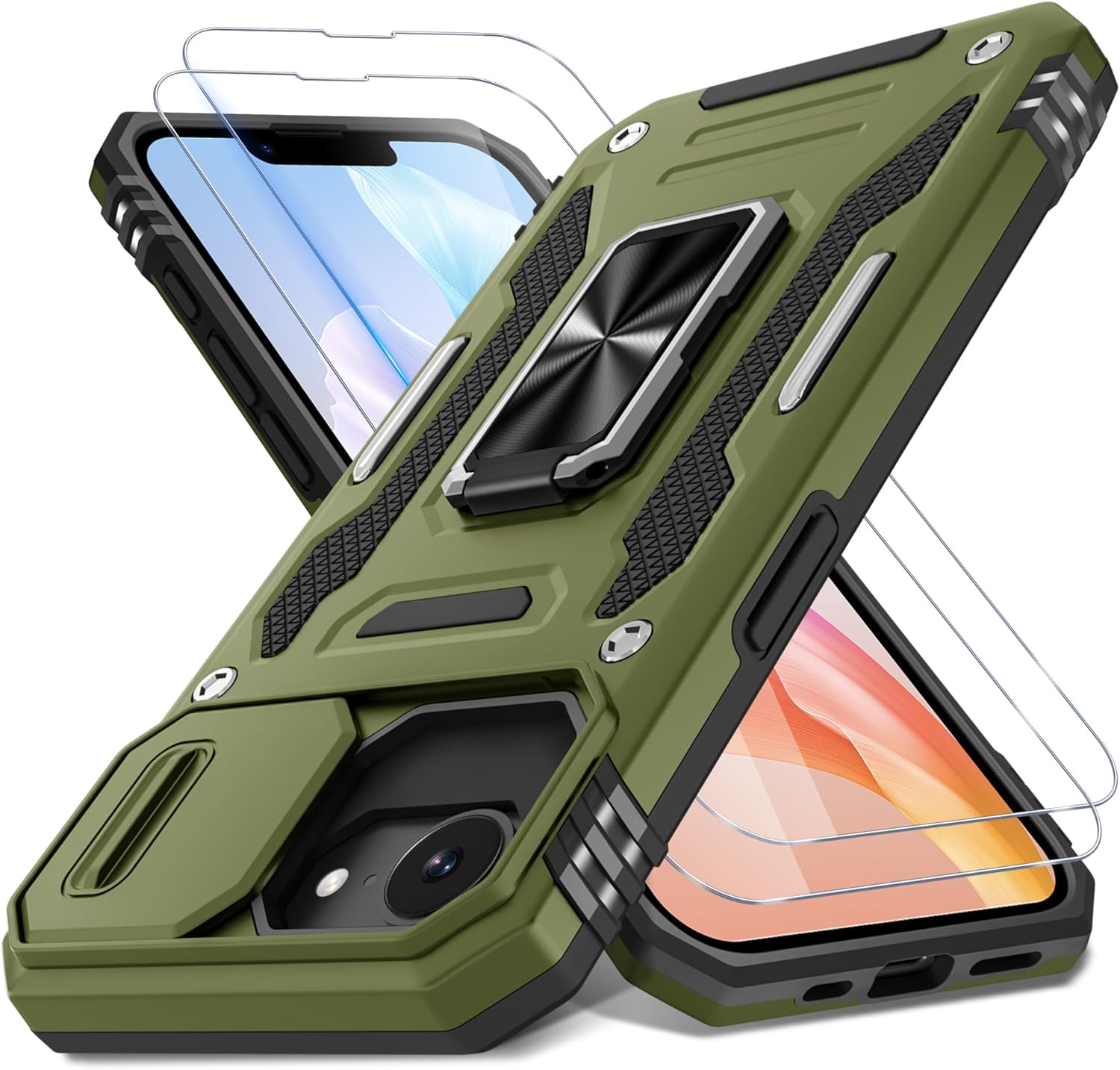 DEERLAMN Case for iPhone 16E with Slide Camera Cover+Screen Protector (2 Pack), Rotated Ring Kickstand Military Grade Shockproof Protective Cover for iPhone SE4 2025-Olive Green for iPhone 16E 2025-6.1 Inch Olive Green