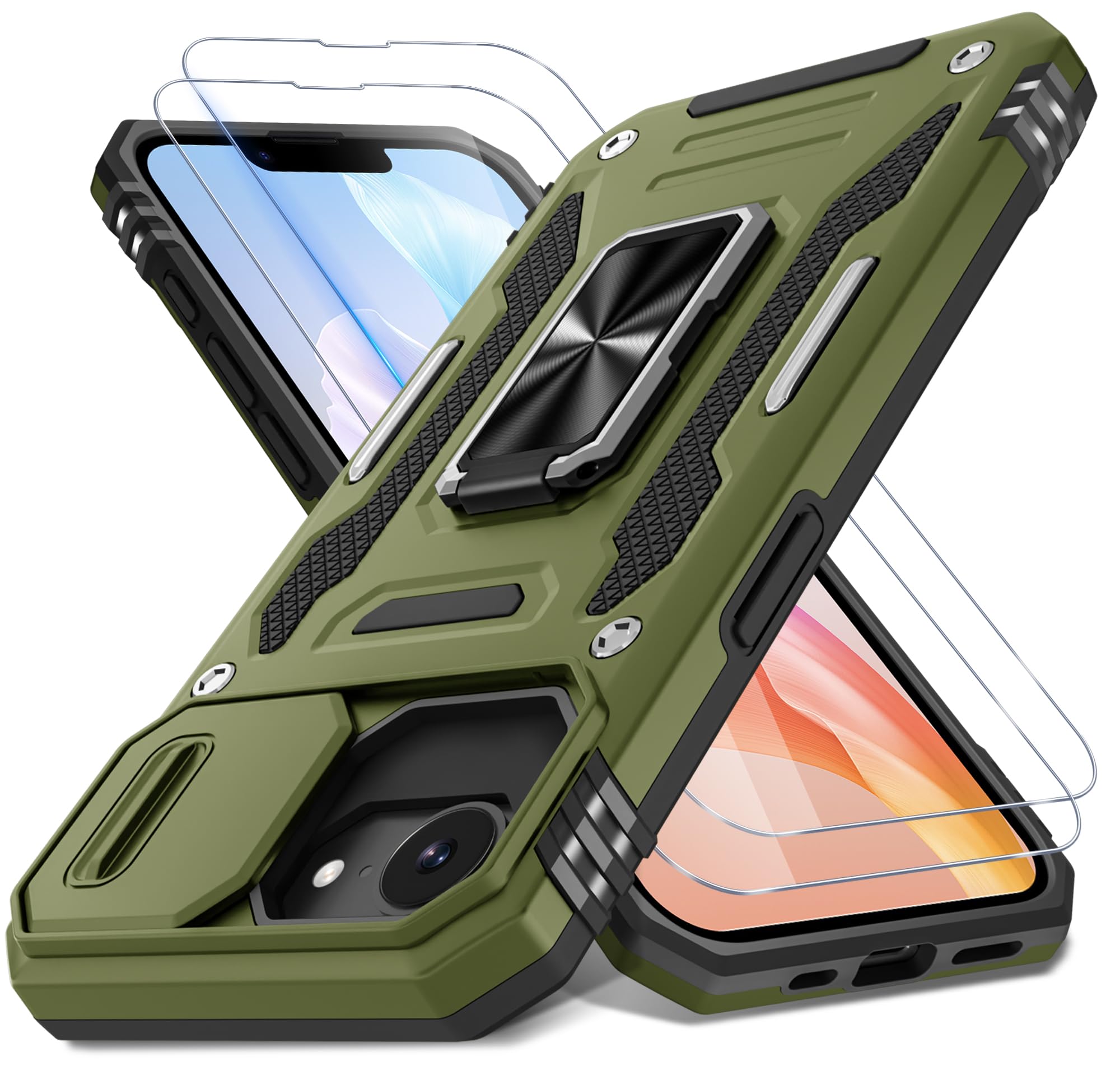 DEERLAMN Case for iPhone 16E with Slide Camera Cover+Screen Protector (2 Packs), Rotated Ring Kickstand Military Grade Shockproof Protective Cover for iPhone SE4 2025-Olive Green
