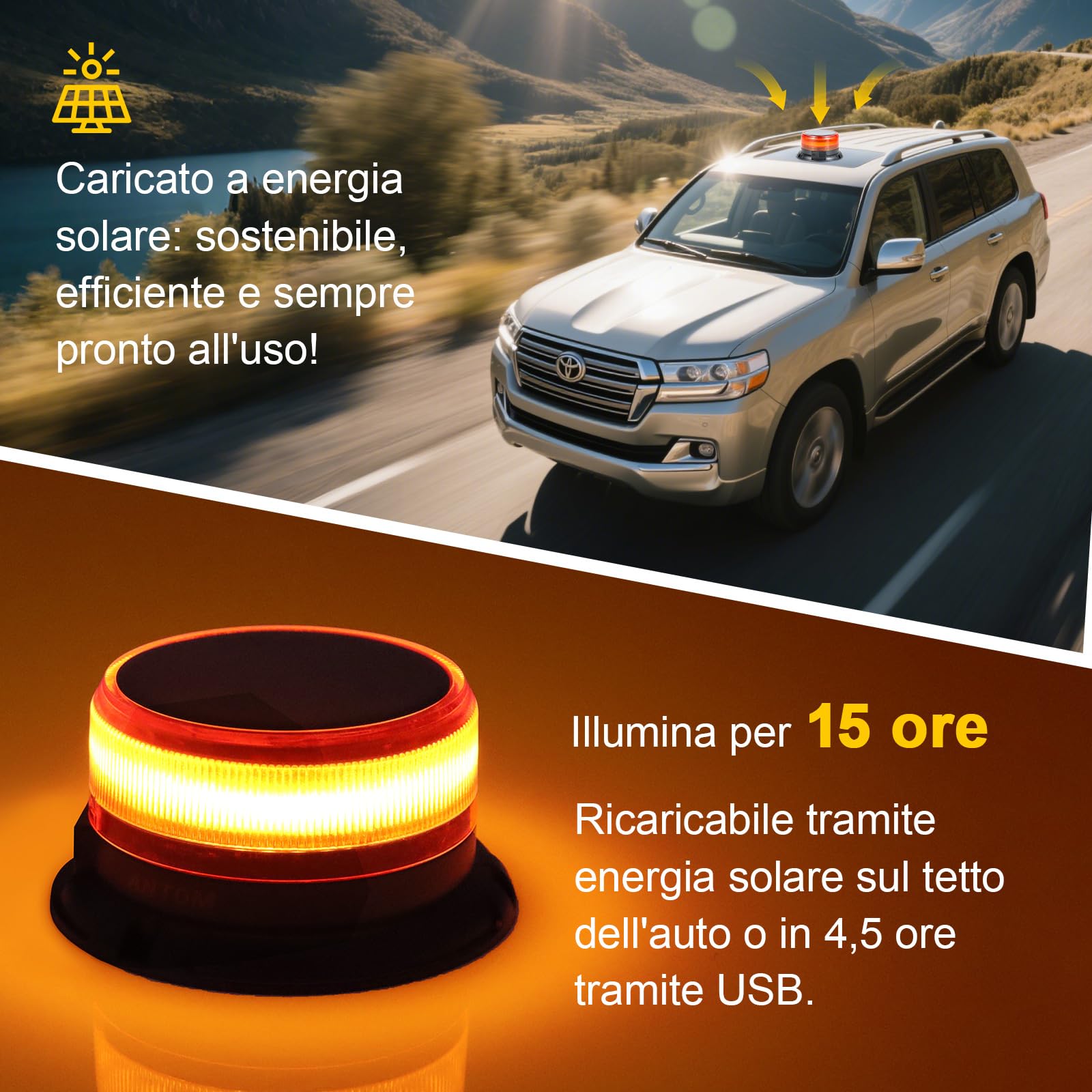 Lampeggiante Arancione a 48 LED con Magnete | Ricaricabile | 9 Modalità | Luce di Avvertimento per Camion, Veicoli da Costruzione, Trattori, Rimorchi, spazzaneve