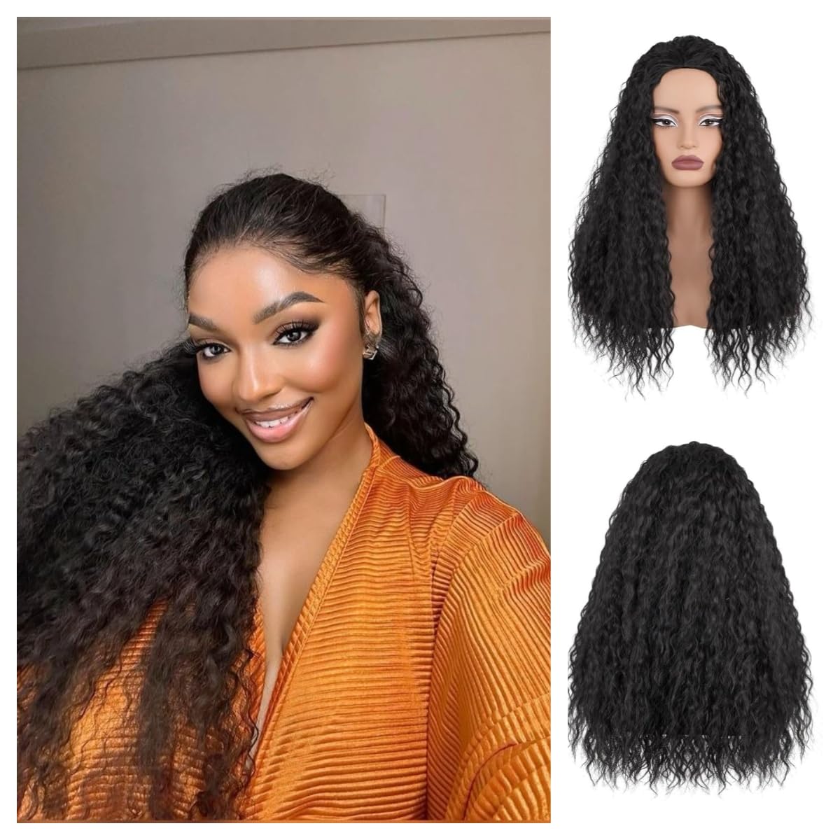 Yaki Deep Wave Curly Half Wig for Black Women, Glueless Synthetic Wig 3 in 1 Water Wave Wig with Drawstring Wear and Go Heat Resistant Beginner Friendly for Daily Wear, #1B Black, 20 In